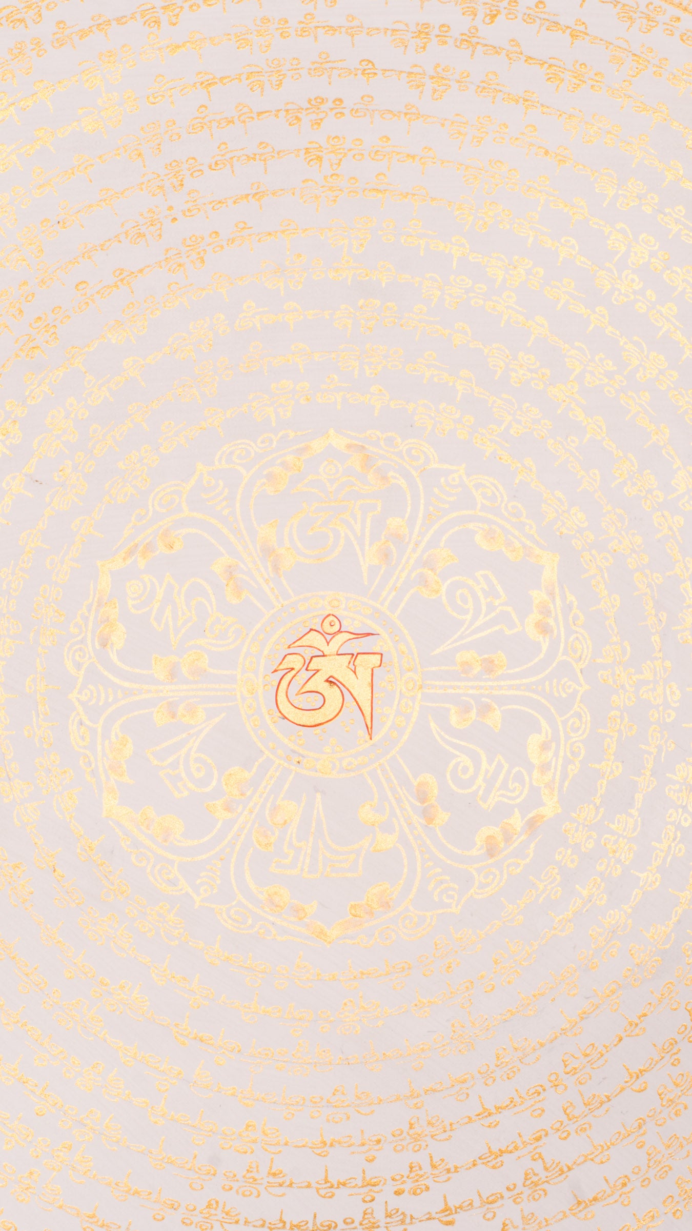 Sacred Mantra Mandala Thangka featuring intricate gold patterns and circular sacred mantras on a pure white background, symbolizing purity, wisdom, and the infinite journey toward enlightenment in Tibetan Buddhist tradition.