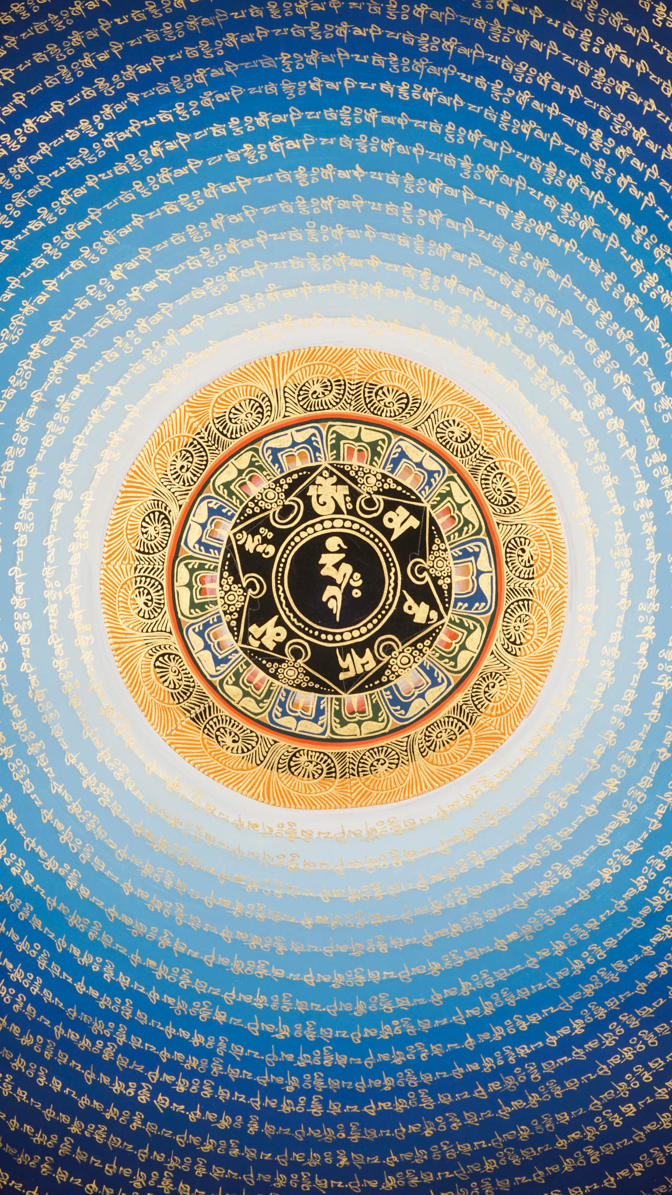The Mantra Mandala Thangka is a hand-painted Tibetan artwork that combines sacred geometry with powerful mantras like Om Mani Padme Hum, symbolizing spiritual balance, protection, and enlightenment. Perfect for meditation, this thangka enhances focus, promotes inner peace, and brings serene energy to any sacred or living space.