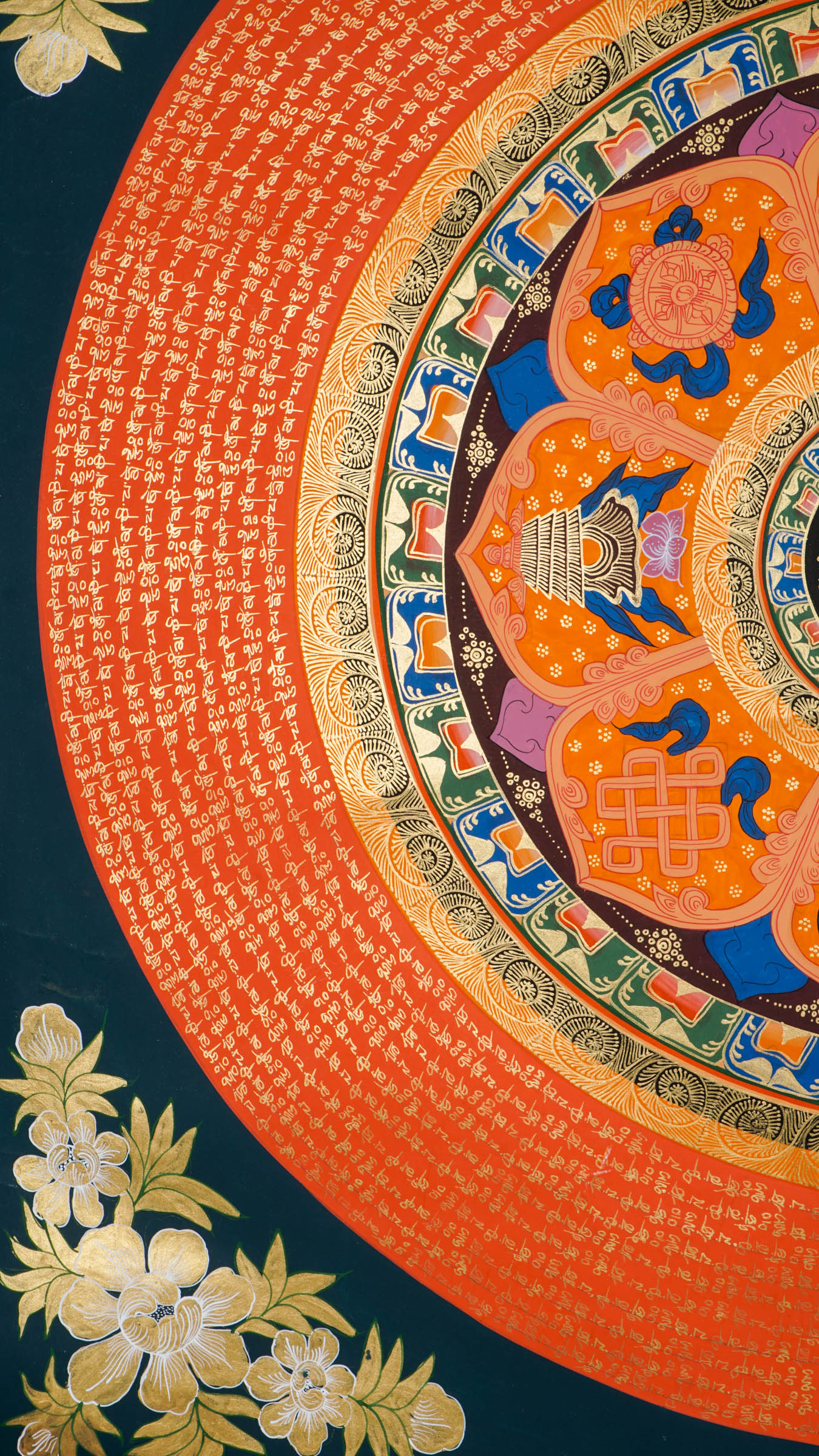 The Mantra Mandala Thangka is a hand-painted Tibetan artwork combining sacred geometry with mantras like "Om Mani Padme Hum" to enhance meditation, mindfulness, and spiritual focus. Perfect for sacred spaces or feng shui decor, it radiates peace, protection, and balanced energy in any environment.