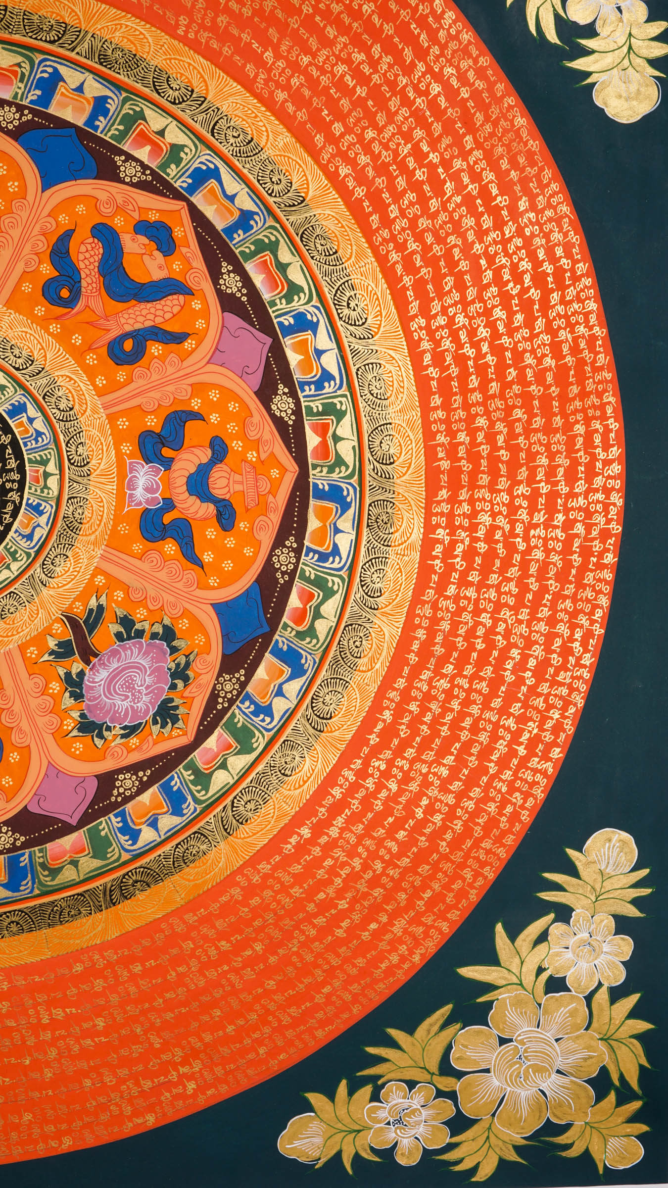 The Mantra Mandala Thangka is a hand-painted Tibetan artwork combining sacred geometry with mantras like "Om Mani Padme Hum" to enhance meditation, mindfulness, and spiritual focus. Perfect for sacred spaces or feng shui decor, it radiates peace, protection, and balanced energy in any environment.