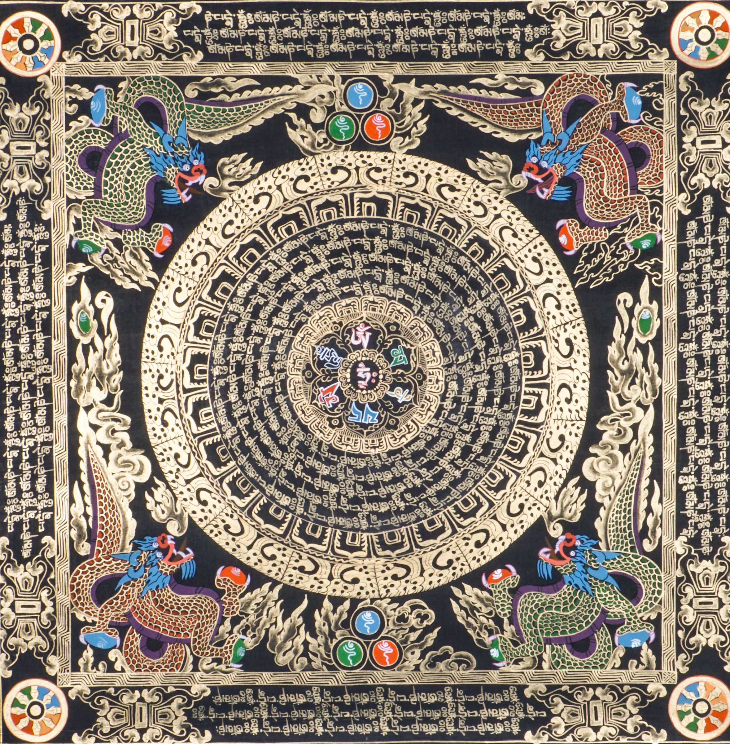 Tibetan mantra mandala thangka with concentric rings of Om Mani Padme Hum script, surrounded by four dragon guardians, ornate gold detailing, and jewel symbols on a black background.