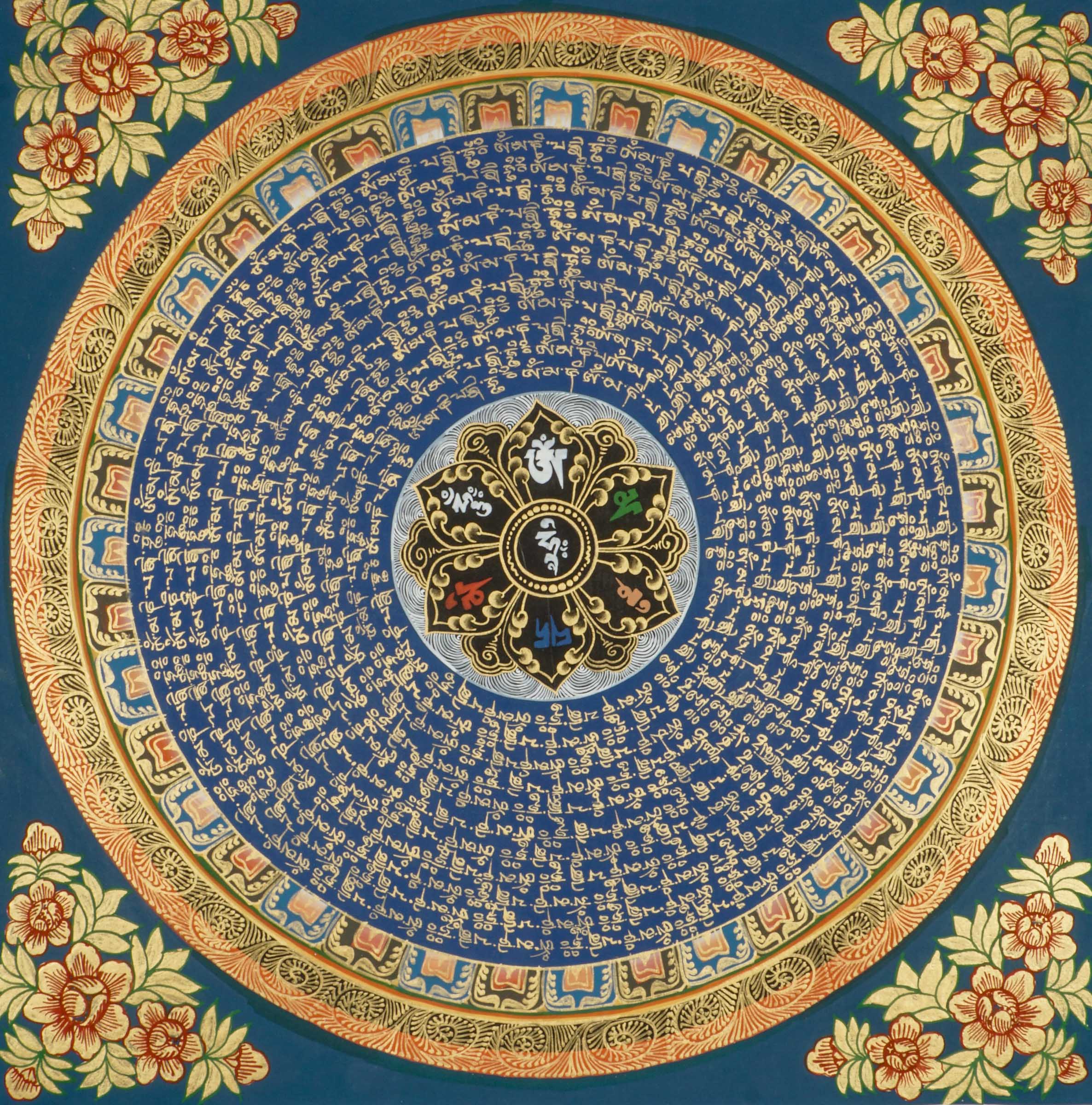 The Blue Mantra Mandala traditional Tibetan Thangka artwork combining sacred geometry and powerful mantras like “Om Mani Padme Hum,” symbolizing spiritual harmony and balance. Hand-painted by skilled artisans, this Buddhist mandala enhances meditation, decor for homes, offices, or sacred spaces.