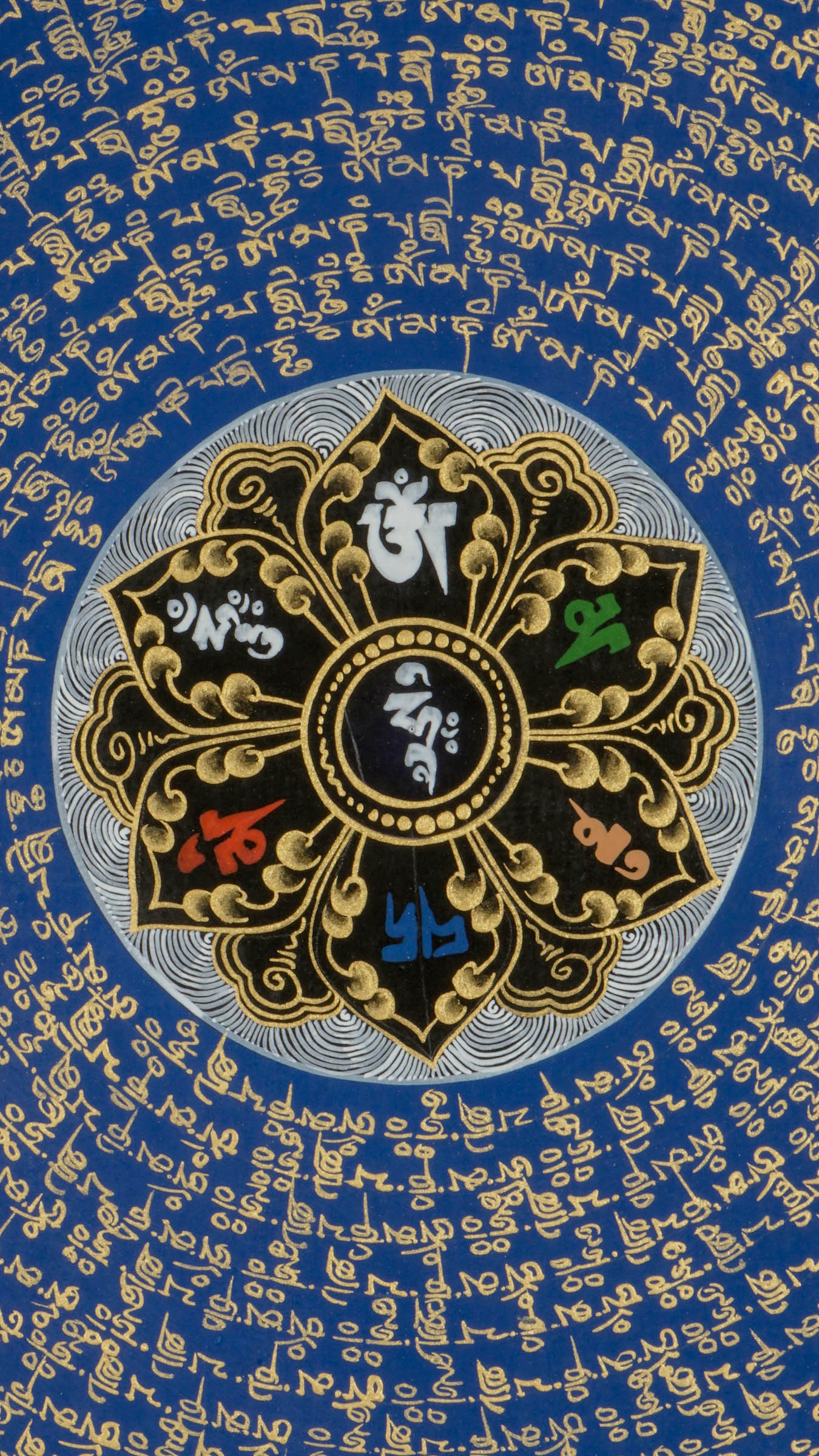 The Blue Mantra Mandala traditional Tibetan Thangka artwork combining sacred geometry and powerful mantras like “Om Mani Padme Hum,” symbolizing spiritual harmony and balance. Hand-painted by skilled artisans, this Buddhist mandala enhances meditation, decor for homes, offices, or sacred spaces.