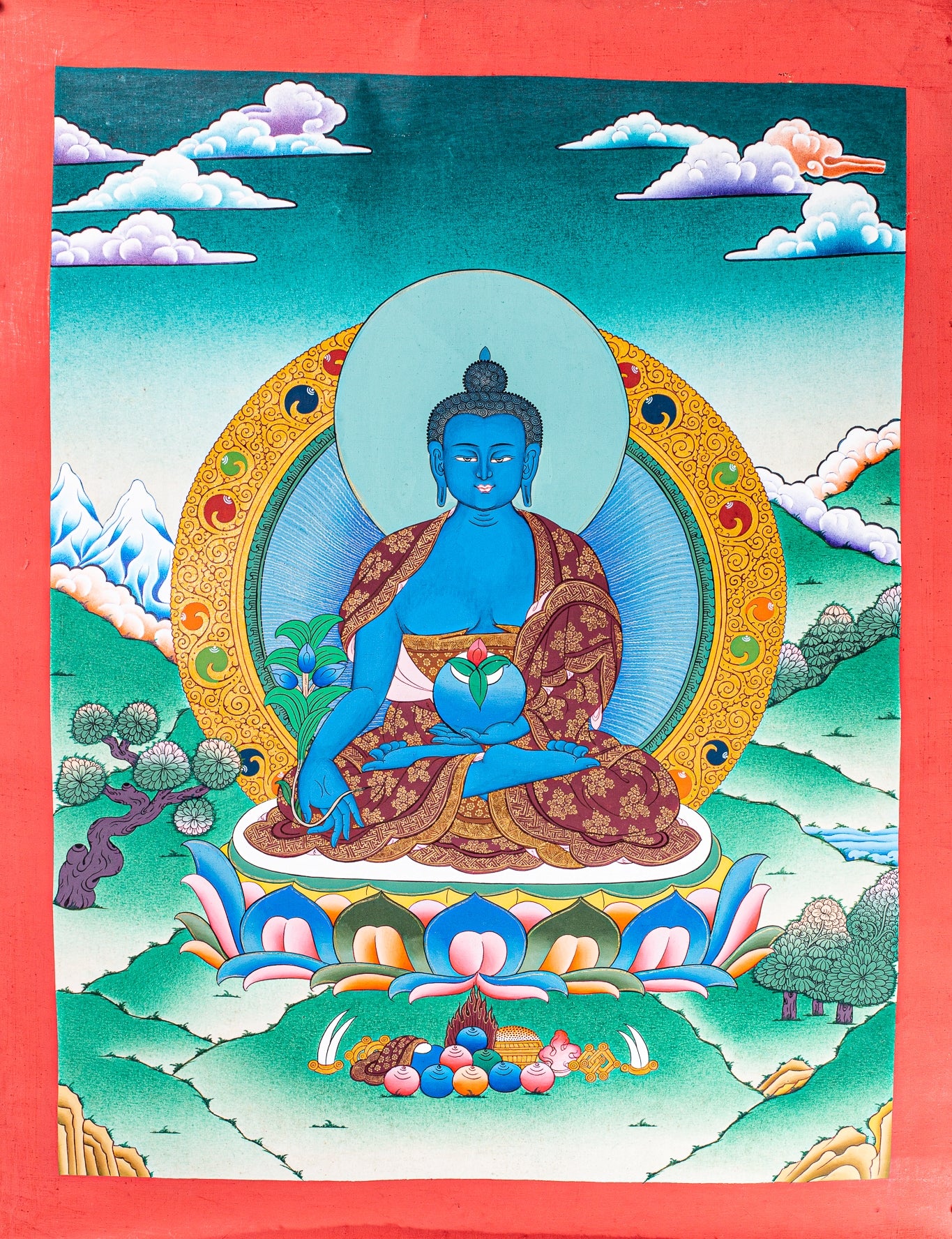 This exquisite artwork of Medicine Buddha is meticulously hand-painted on high-quality cotton canvas