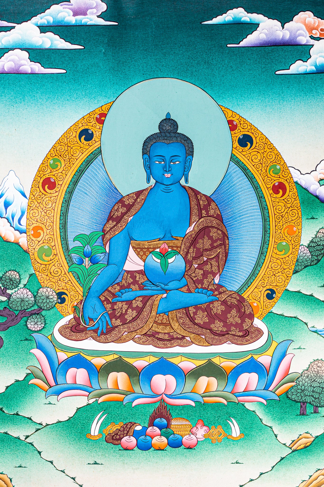 This exquisite artwork of Medicine Buddha is meticulously hand-painted on high-quality cotton canvas