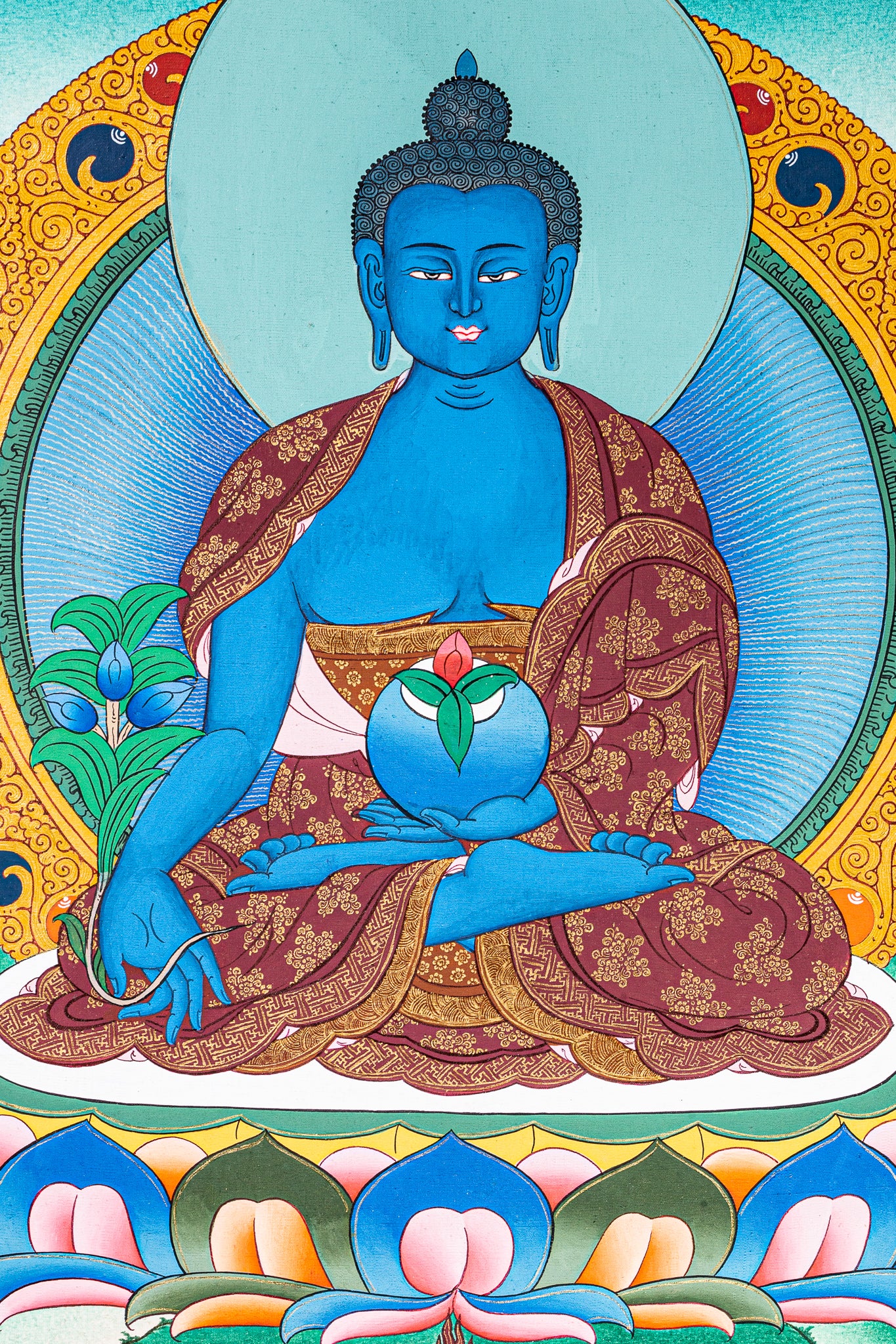 This exquisite artwork of Medicine Buddha is meticulously hand-painted on high-quality cotton canvas