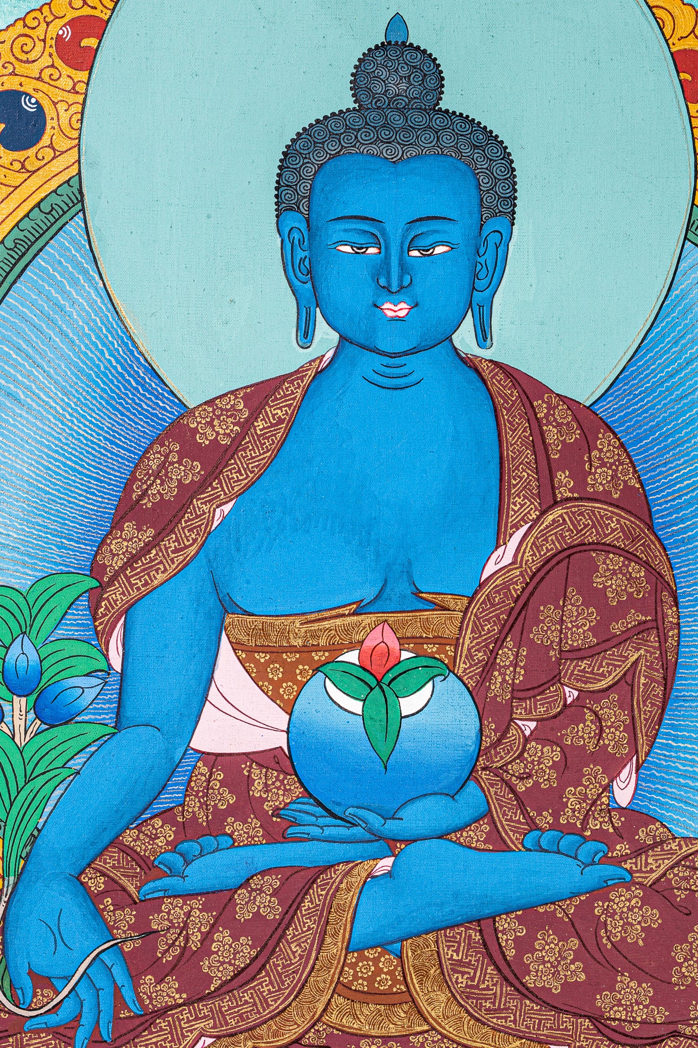 This exquisite artwork of Medicine Buddha is meticulously hand-painted on high-quality cotton canvas