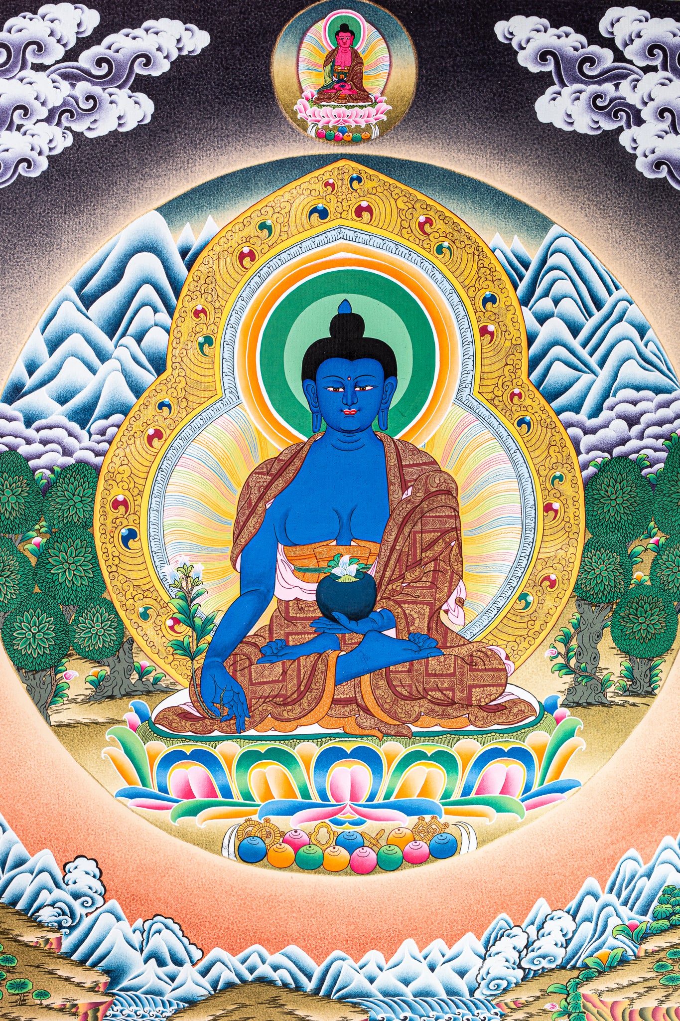 This Thangka painting of Medicine Buddha is a beautiful and effective way to enhance spiritual wellness and healing in sacred spaces or meditation rooms.