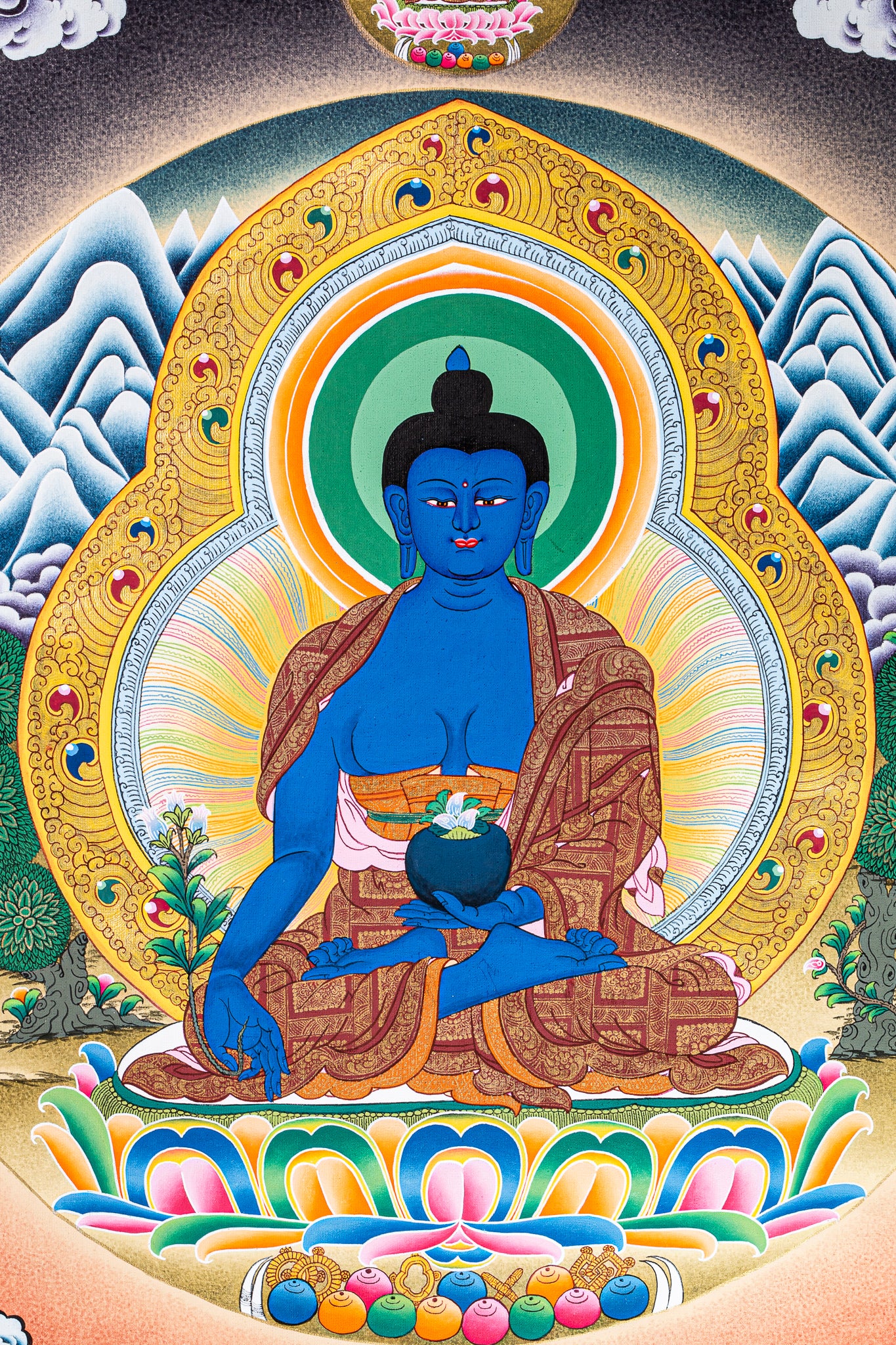 This Thangka painting of Medicine Buddha is a beautiful and effective way to enhance spiritual wellness and healing in sacred spaces or meditation rooms.