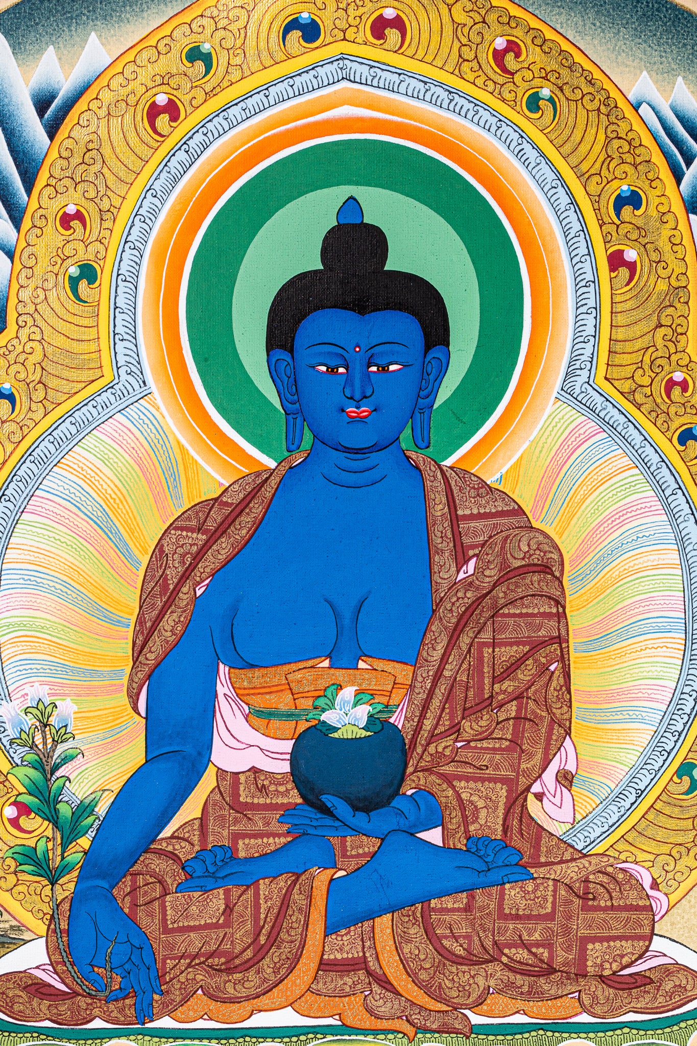 This Thangka painting of Medicine Buddha is a beautiful and effective way to enhance spiritual wellness and healing in sacred spaces or meditation rooms.