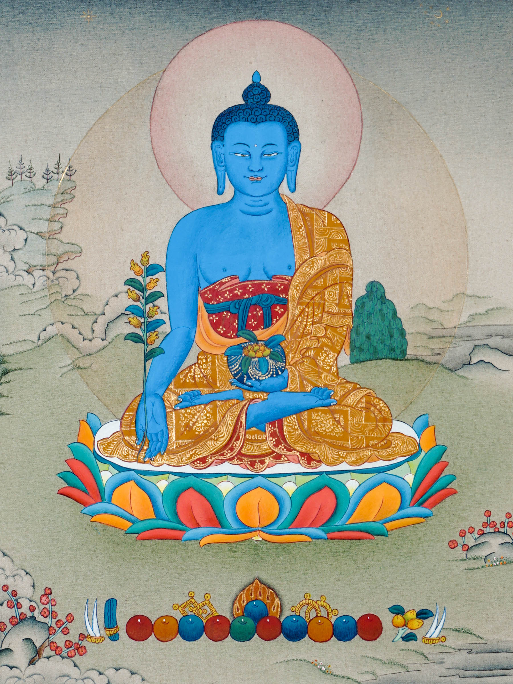 Tibetan thangka of Medicine Buddha with deep blue body, holding a healing bowl and myrobalan plant, seated on a lotus throne surrounded by a tranquil landscape.