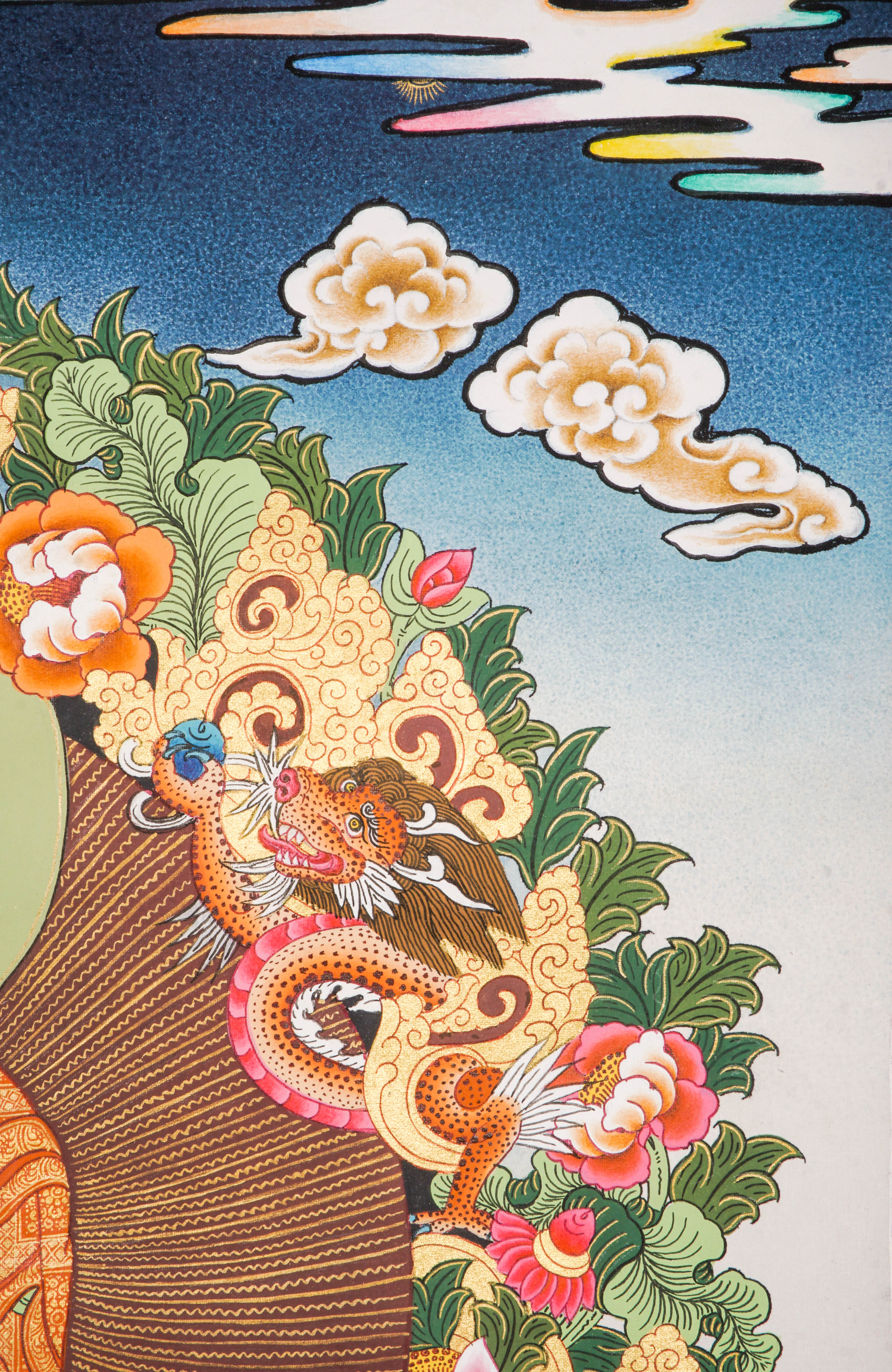 Medicine Buddha Thangka featuring the blue-colored Supreme Healer seated in meditation holding the arura plant and nectar bowl, hand-painted in traditional Tibetan style with rich symbolism of healing, protection, and inner peace.