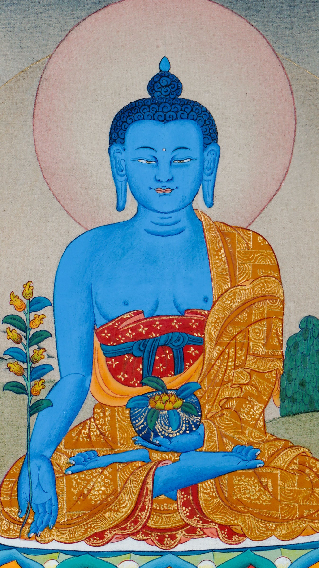 Tibetan thangka of Medicine Buddha with deep blue body, holding a healing bowl and myrobalan plant, seated on a lotus throne surrounded by a tranquil landscape.