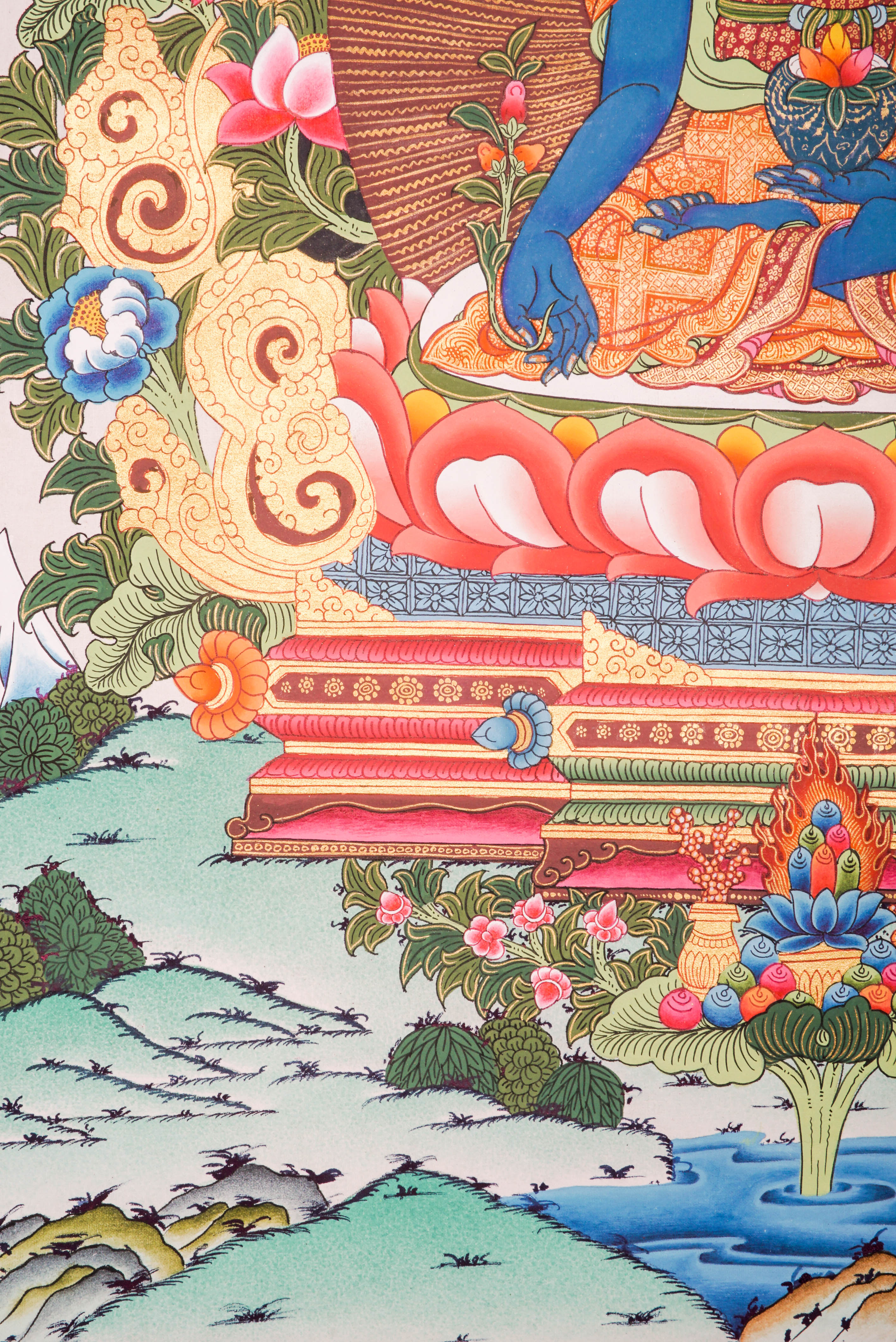 Medicine Buddha Thangka featuring the blue-colored Supreme Healer seated in meditation holding the arura plant and nectar bowl, hand-painted in traditional Tibetan style with rich symbolism of healing, protection, and inner peace.