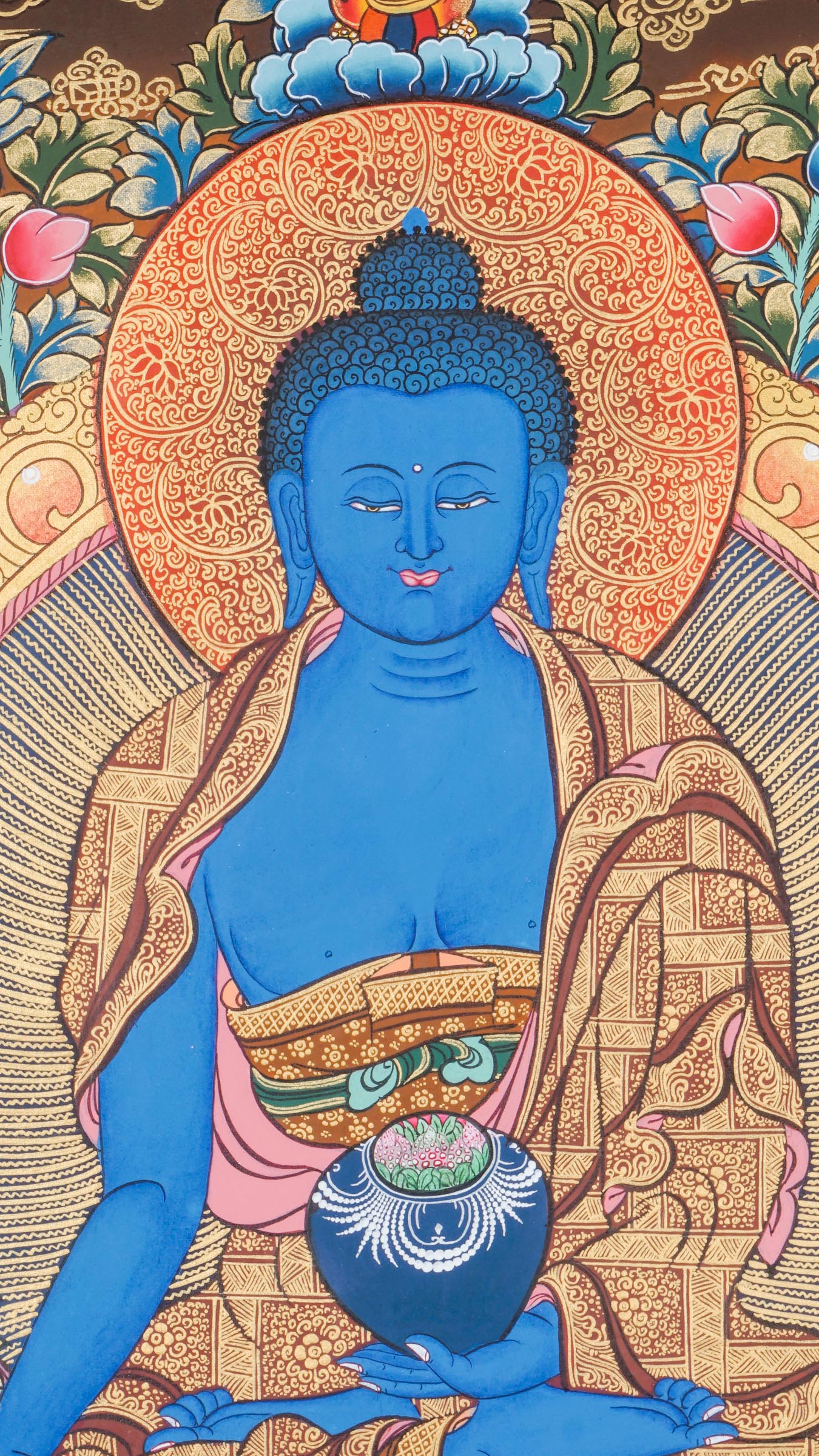 A sacred hand-painted thangka art of Medicine Buddha peacefully seated in a lotus throne symbolizing purity and healing.