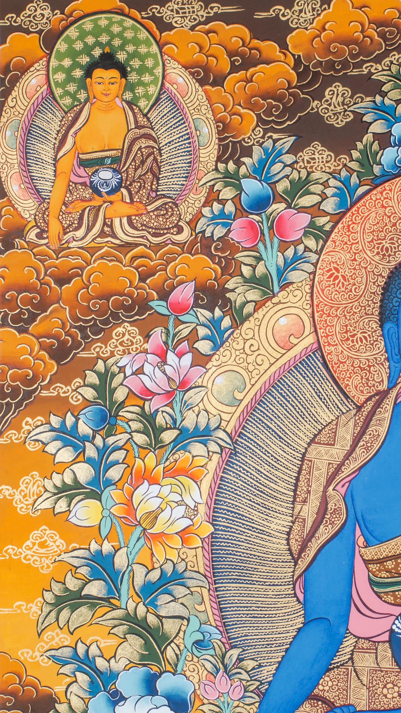 A sacred hand-painted thangka art of Medicine Buddha peacefully seated in a lotus throne symbolizing purity and healing.