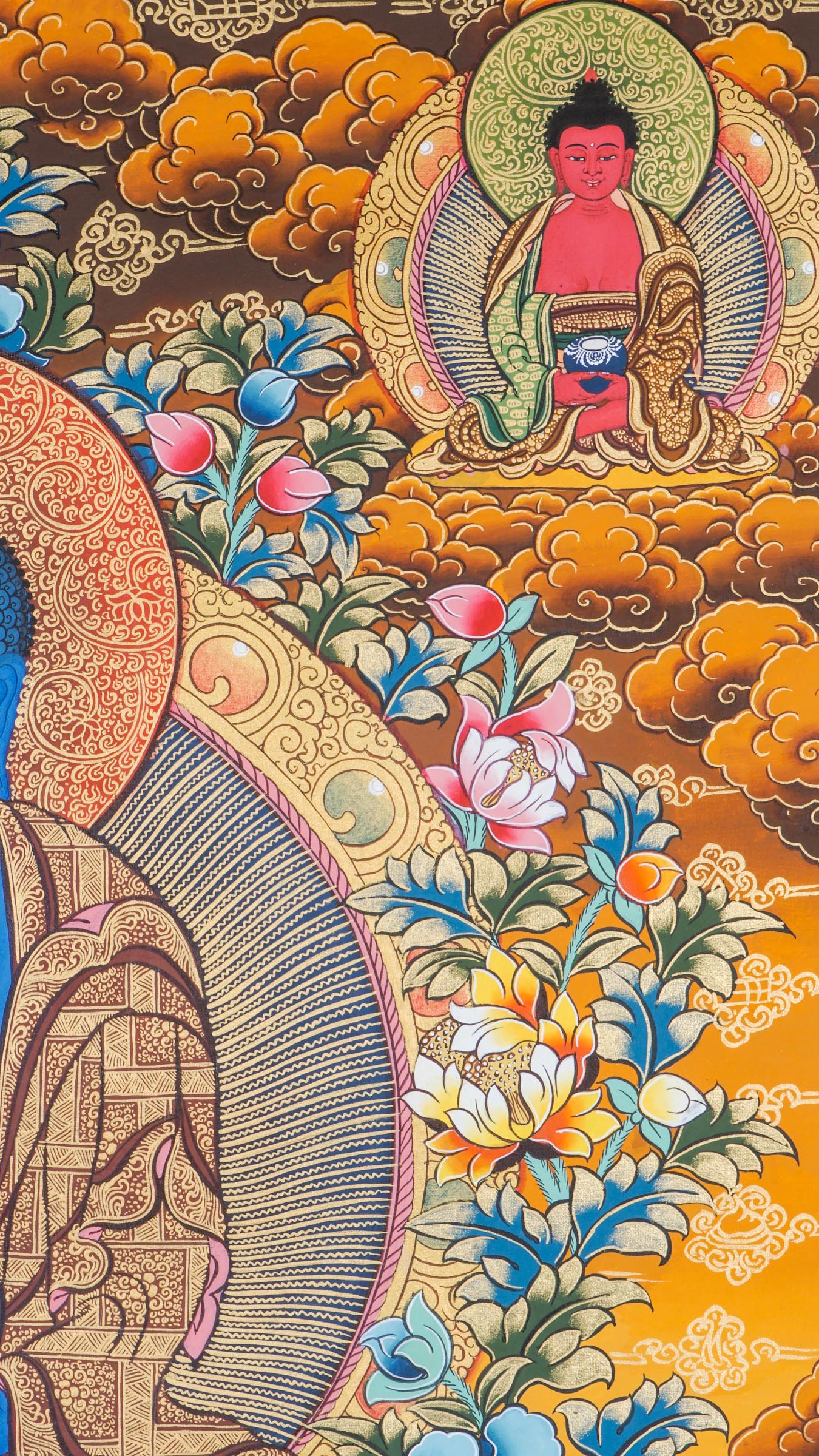 A sacred hand-painted thangka art of Medicine Buddha peacefully seated in a lotus throne symbolizing purity and healing.