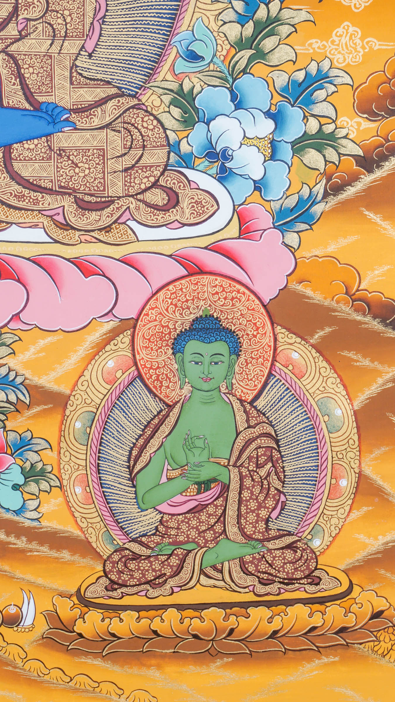 A sacred hand-painted thangka art of Medicine Buddha peacefully seated in a lotus throne symbolizing purity and healing.