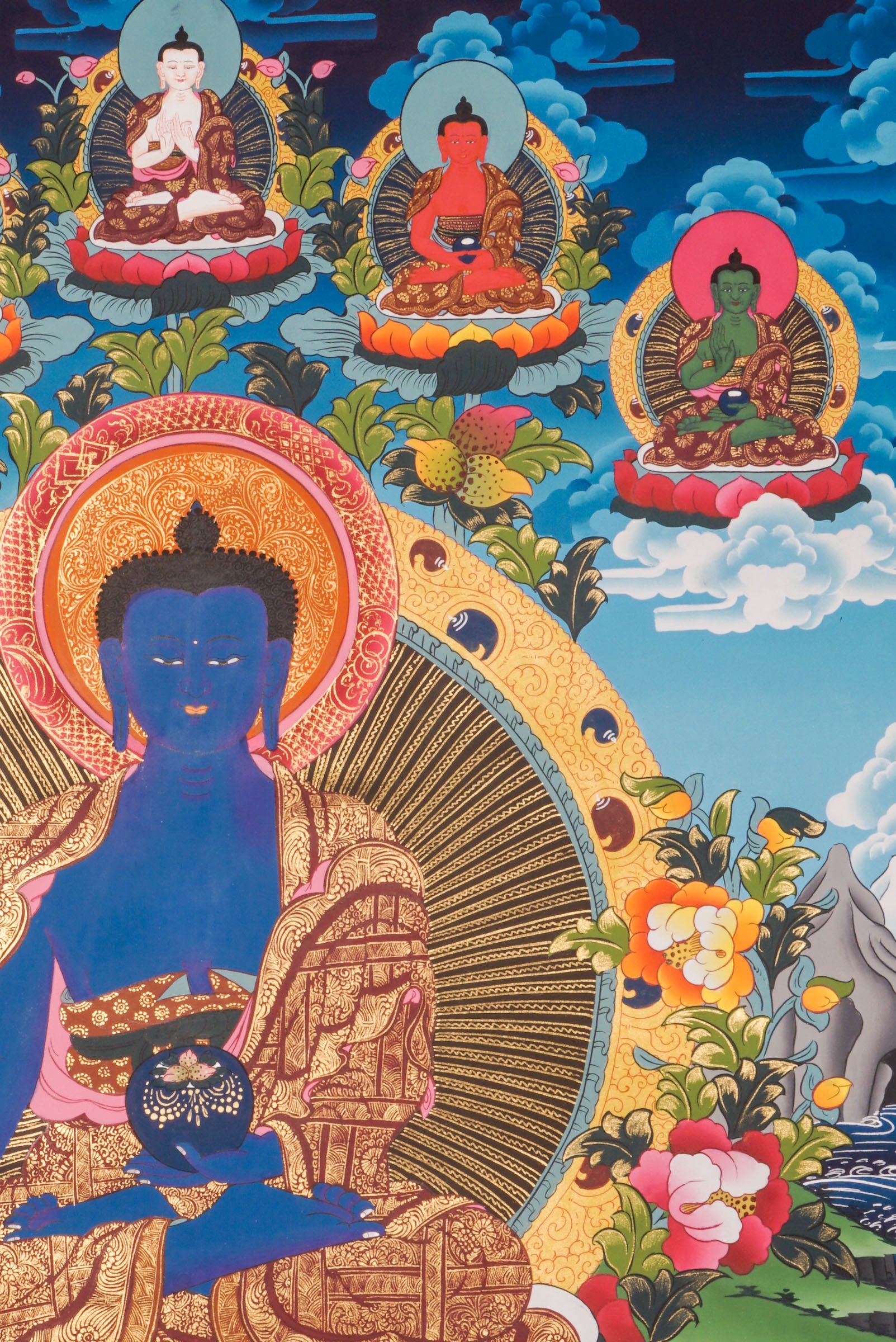The Blue Healing Medicine Buddha Thangka art for large space. With 5 Pancha Buddha of 5 direction on Top and two followers with offering