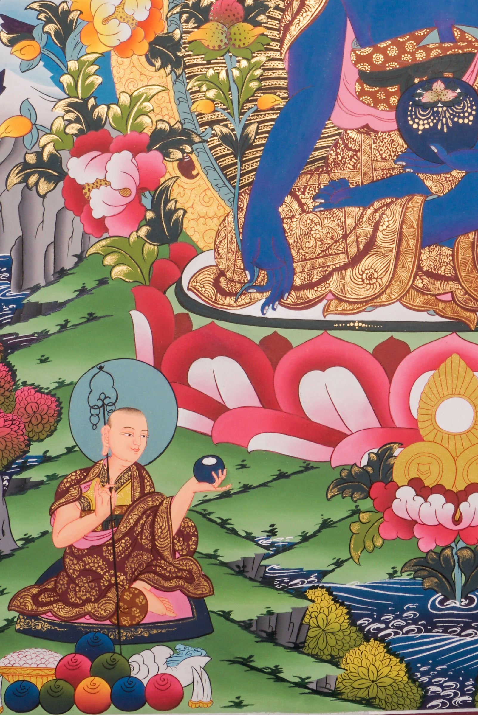 The Blue Healing Medicine Buddha Thangka art for large space. With 5 Pancha Buddha of 5 direction on Top and two followers with offering