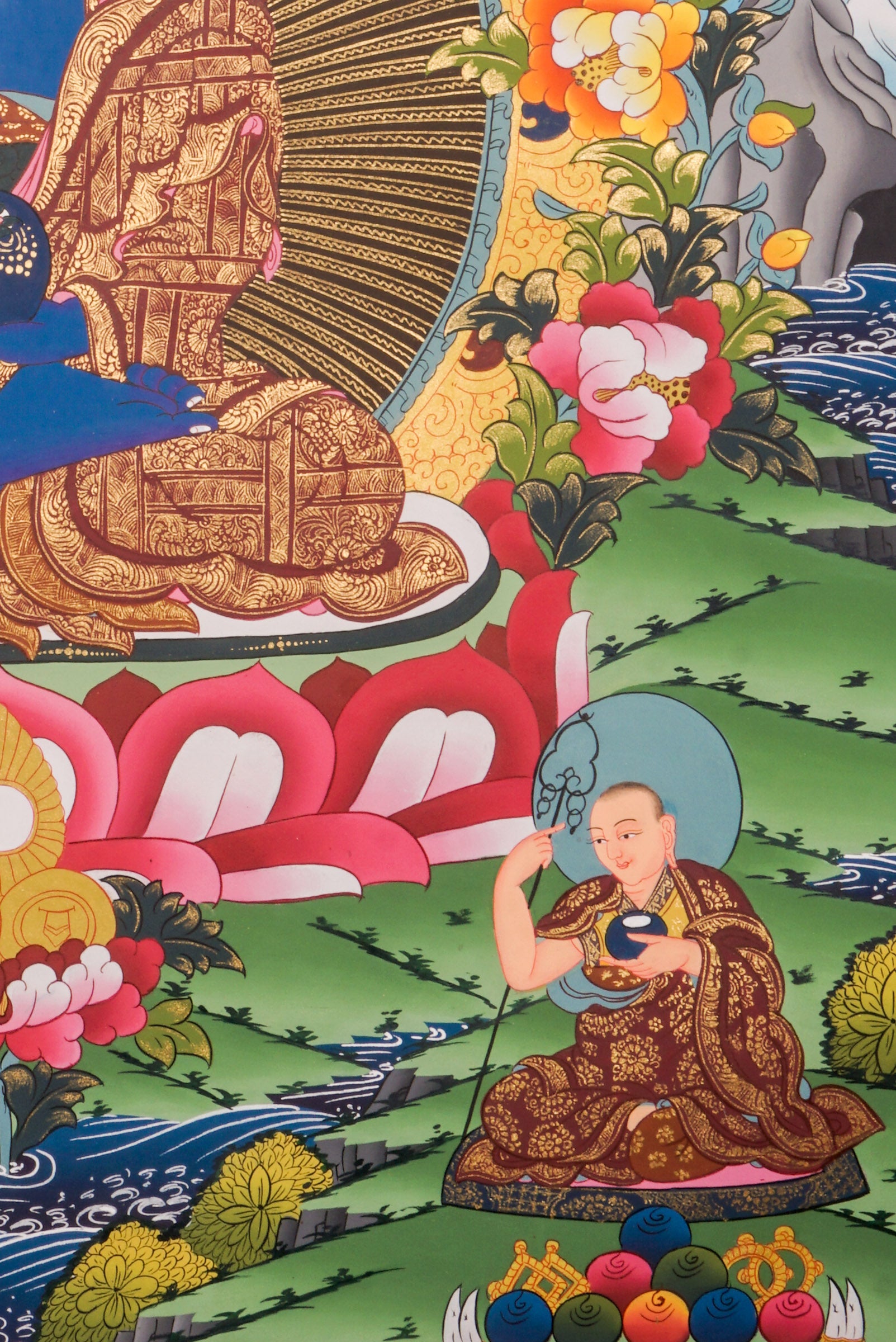 The Blue Healing Medicine Buddha Thangka art for large space. With 5 Pancha Buddha of 5 direction on Top and two followers with offering