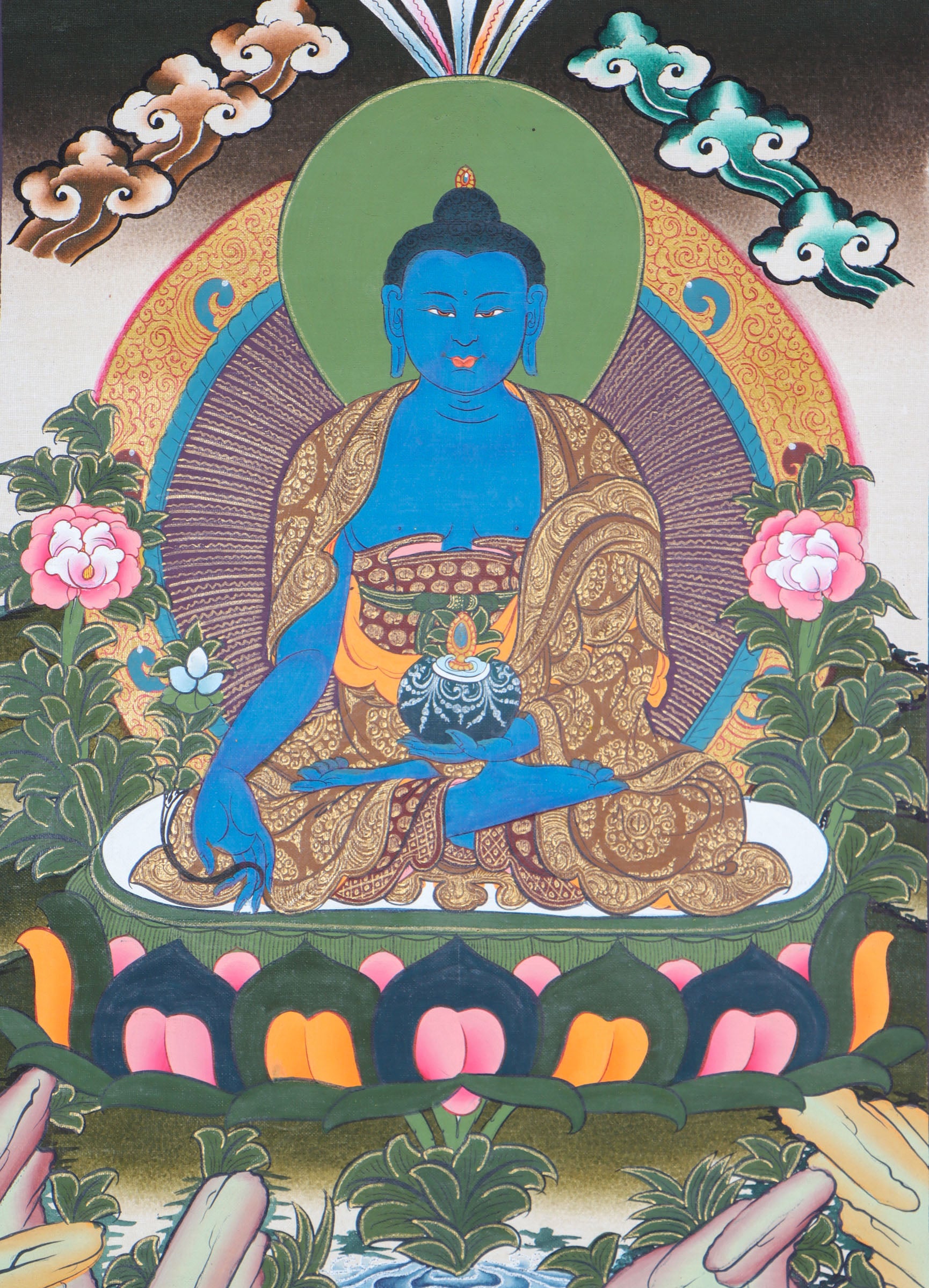 This exquisite Medicine Buddha Thangka is carefully handcrafted on high-quality cotton canvas by skilled artisans.