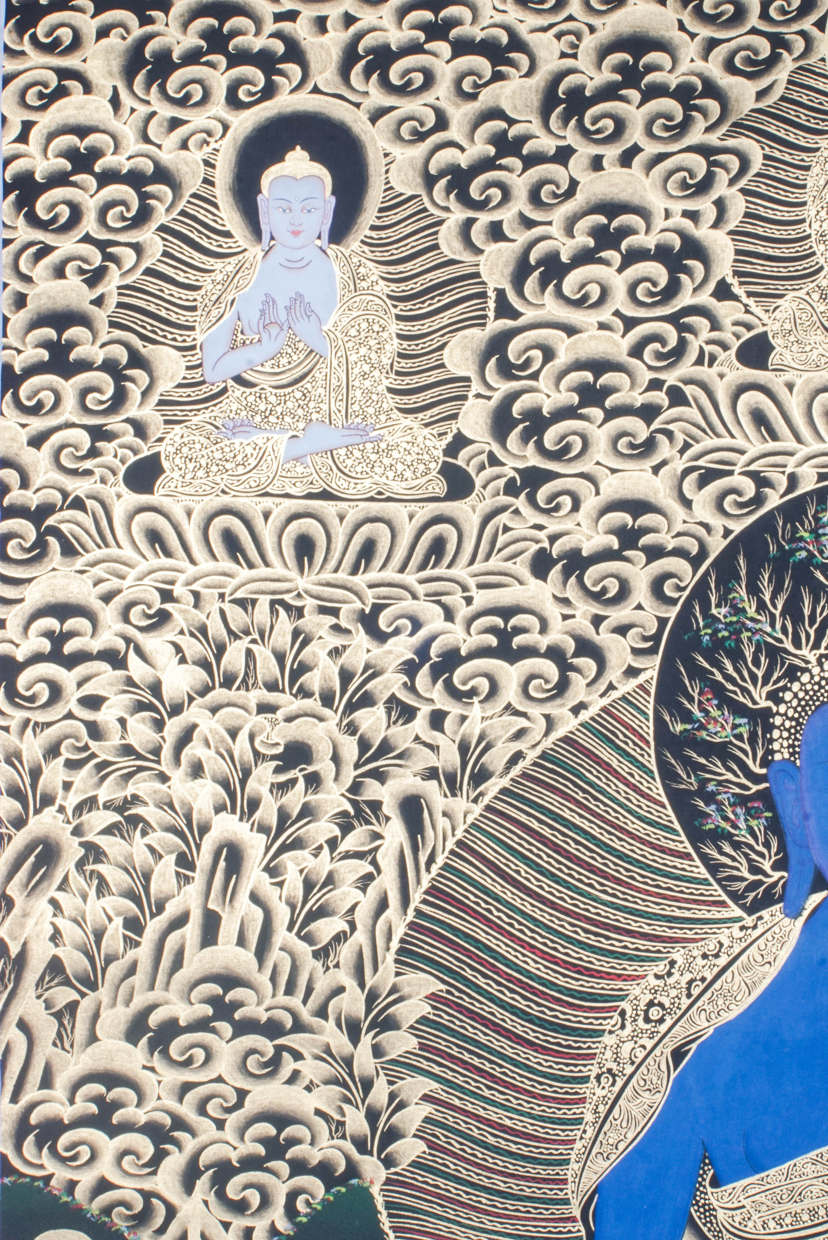 Medicine Buddha Thangka shows Bhaisajyaguru, the healing Buddha in Tibetan Buddhism, holding healing nectar and medicinal plant. Hand-painted with natural pigments by Tibetan artisans, it radiates peace and healing energy.