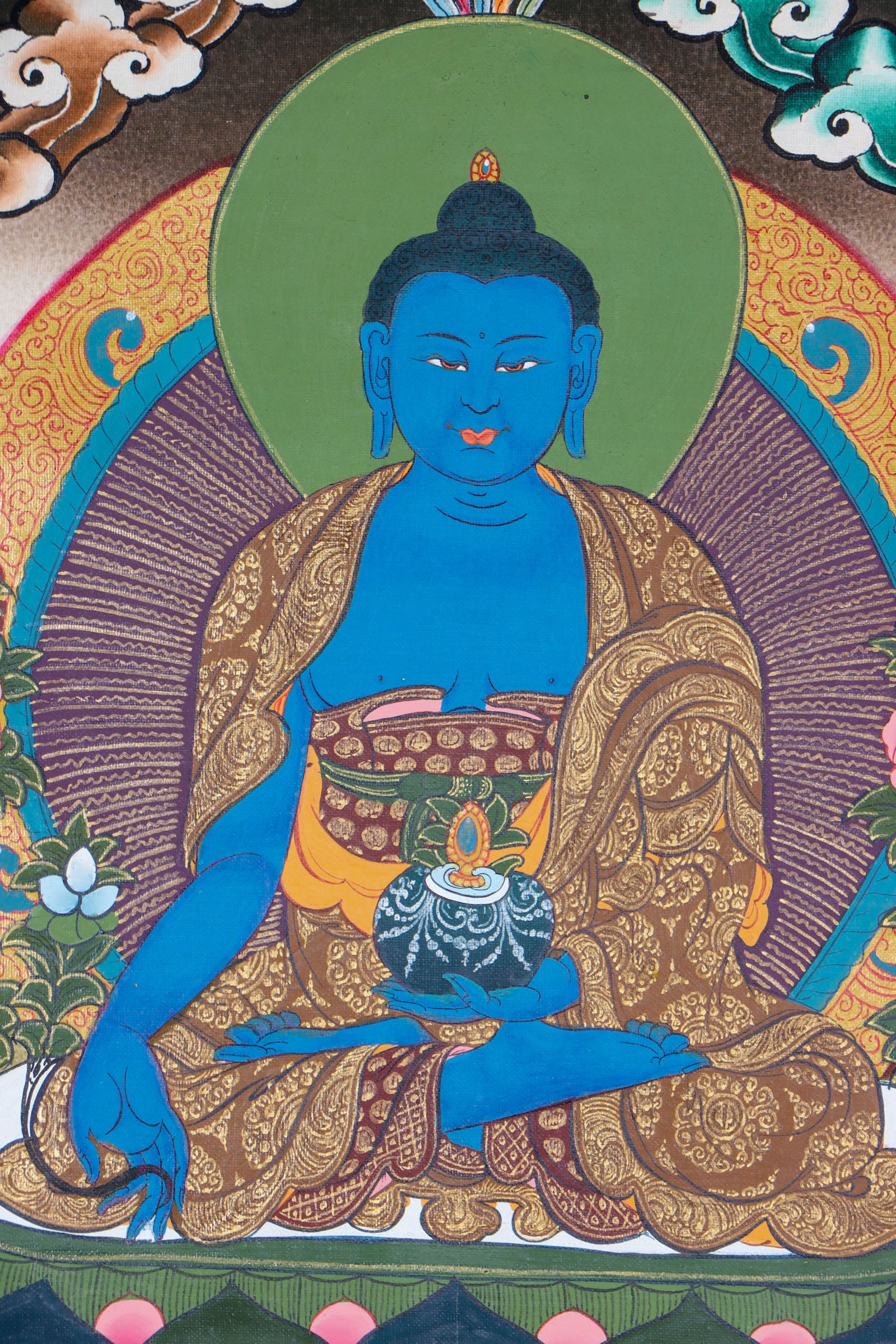 This exquisite Medicine Buddha Thangka is carefully handcrafted on high-quality cotton canvas by skilled artisans.