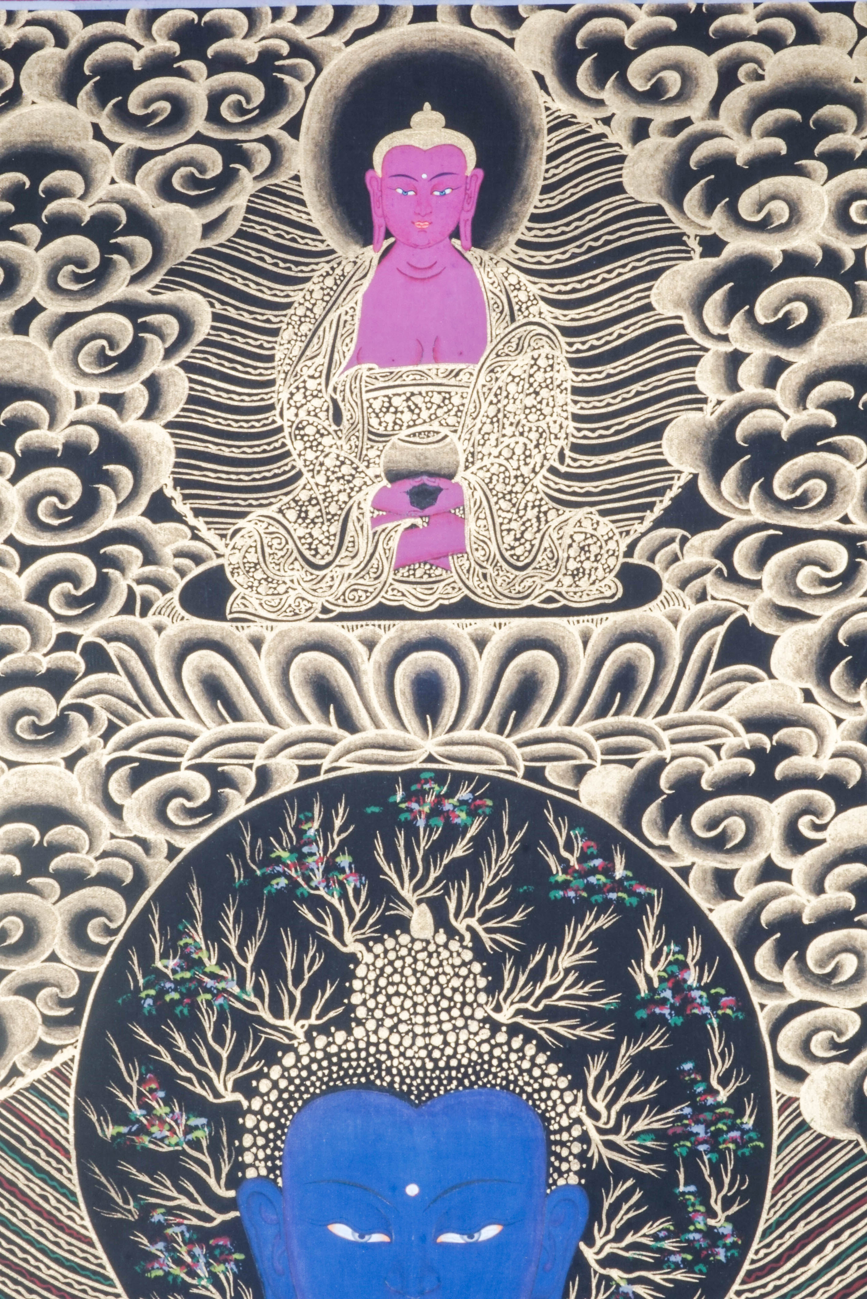 Medicine Buddha Thangka shows Bhaisajyaguru, the healing Buddha in Tibetan Buddhism, holding healing nectar and medicinal plant. Hand-painted with natural pigments by Tibetan artisans, it radiates peace and healing energy.