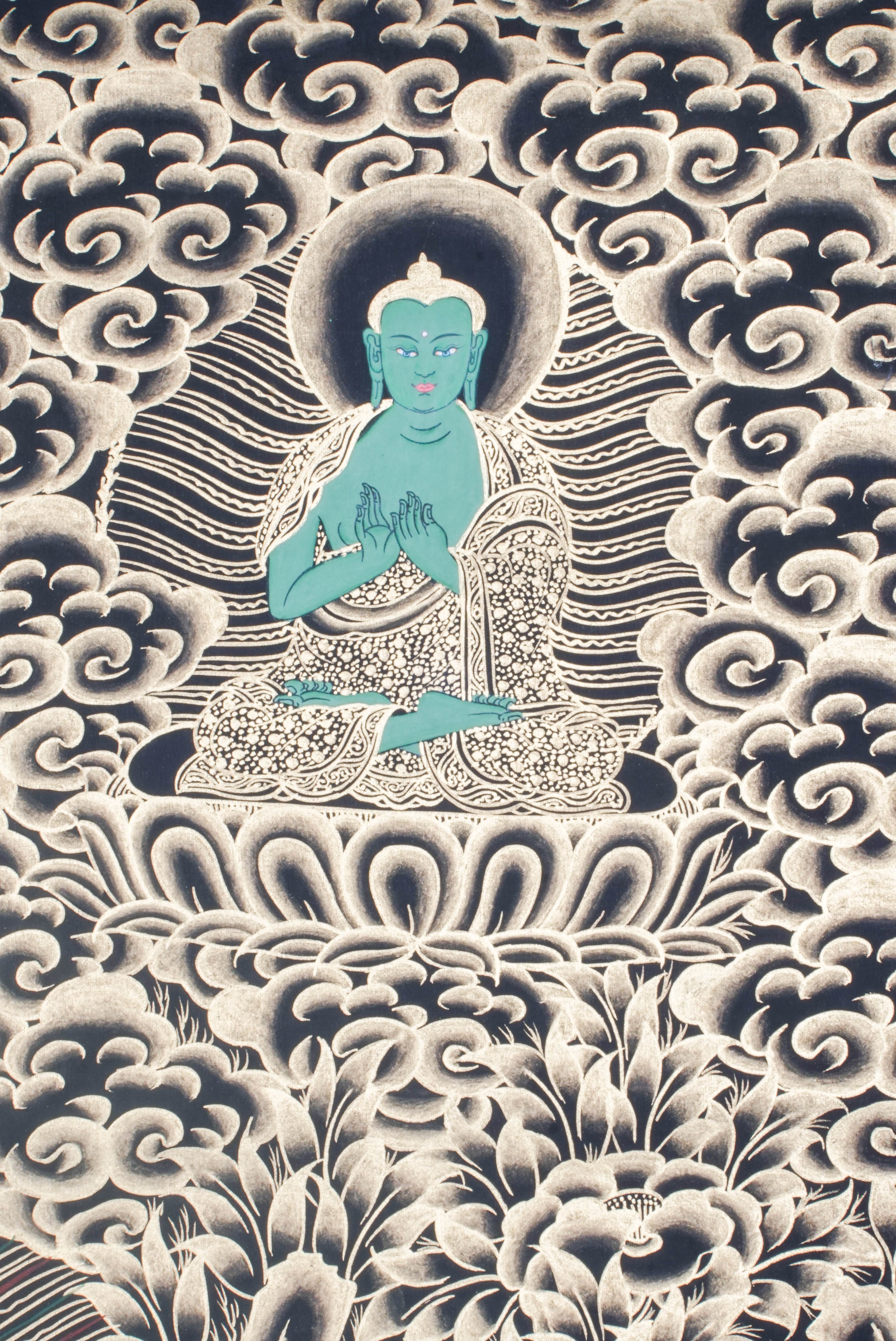 Medicine Buddha Thangka shows Bhaisajyaguru, the healing Buddha in Tibetan Buddhism, holding healing nectar and medicinal plant. Hand-painted with natural pigments by Tibetan artisans, it radiates peace and healing energy.