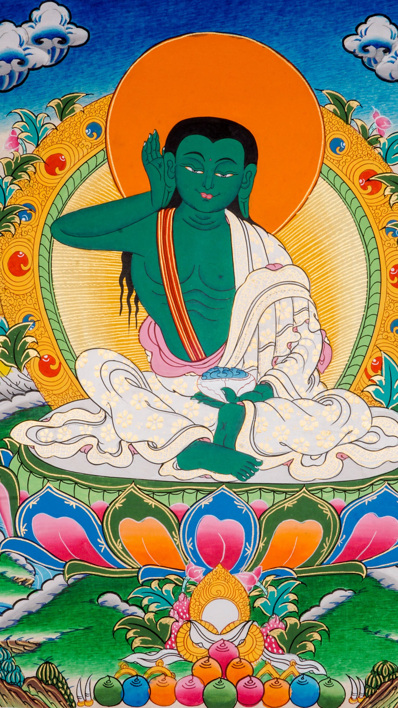 A sacred Thangka Art of Milarepa, one of Tibet’s most honored yogis and spiritual leaders, with listening gestures ability.