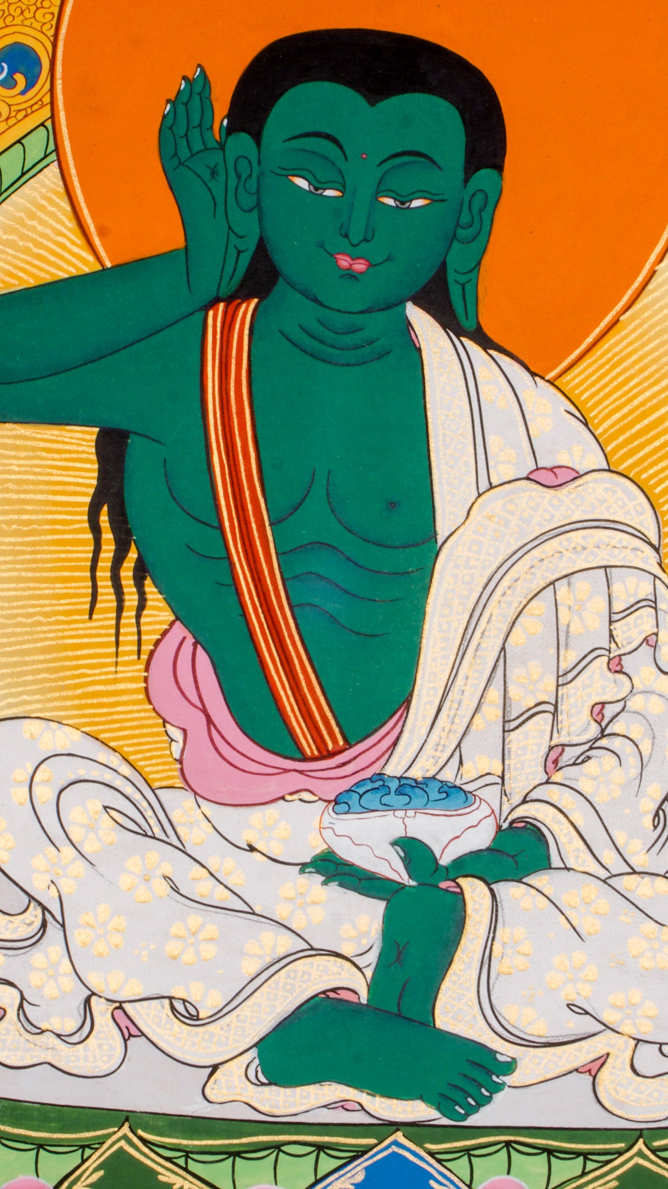 A sacred Thangka Art of Milarepa, one of Tibet’s most honored yogis and spiritual leaders, with listening gestures ability.