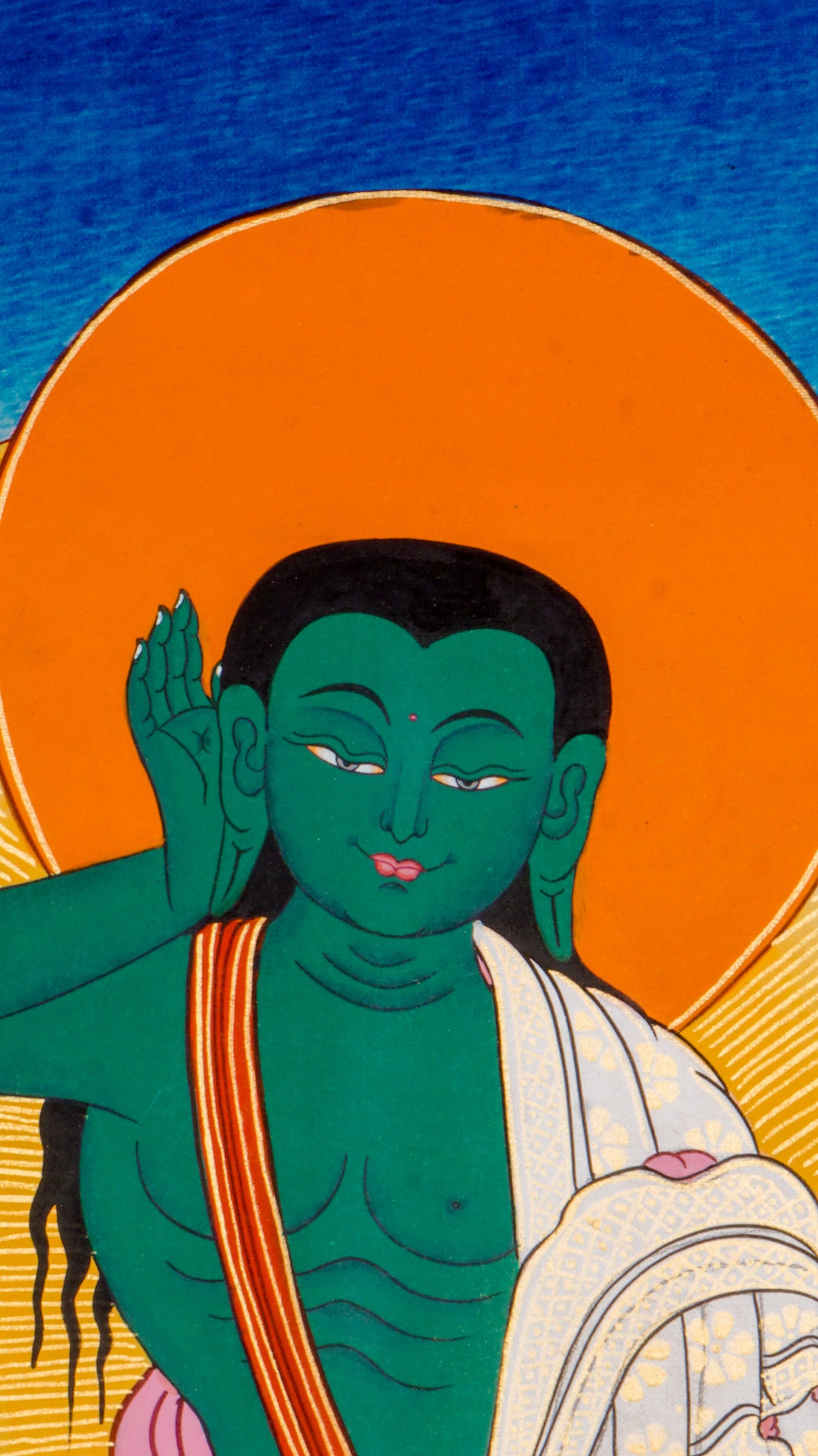 A sacred Thangka Art of Milarepa, one of Tibet’s most honored yogis and spiritual leaders, with listening gestures ability.
