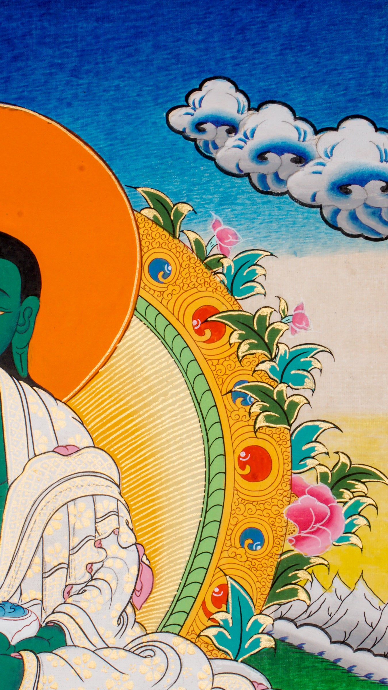 A sacred Thangka Art of Milarepa, one of Tibet’s most honored yogis and spiritual leaders, with listening gestures ability.