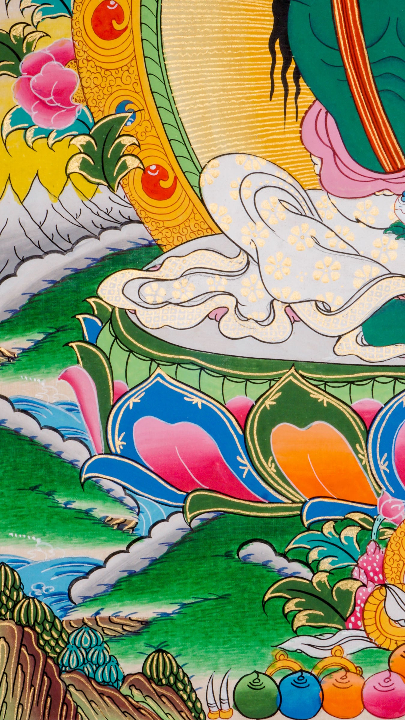 A sacred Thangka Art of Milarepa, one of Tibet’s most honored yogis and spiritual leaders, with listening gestures ability.
