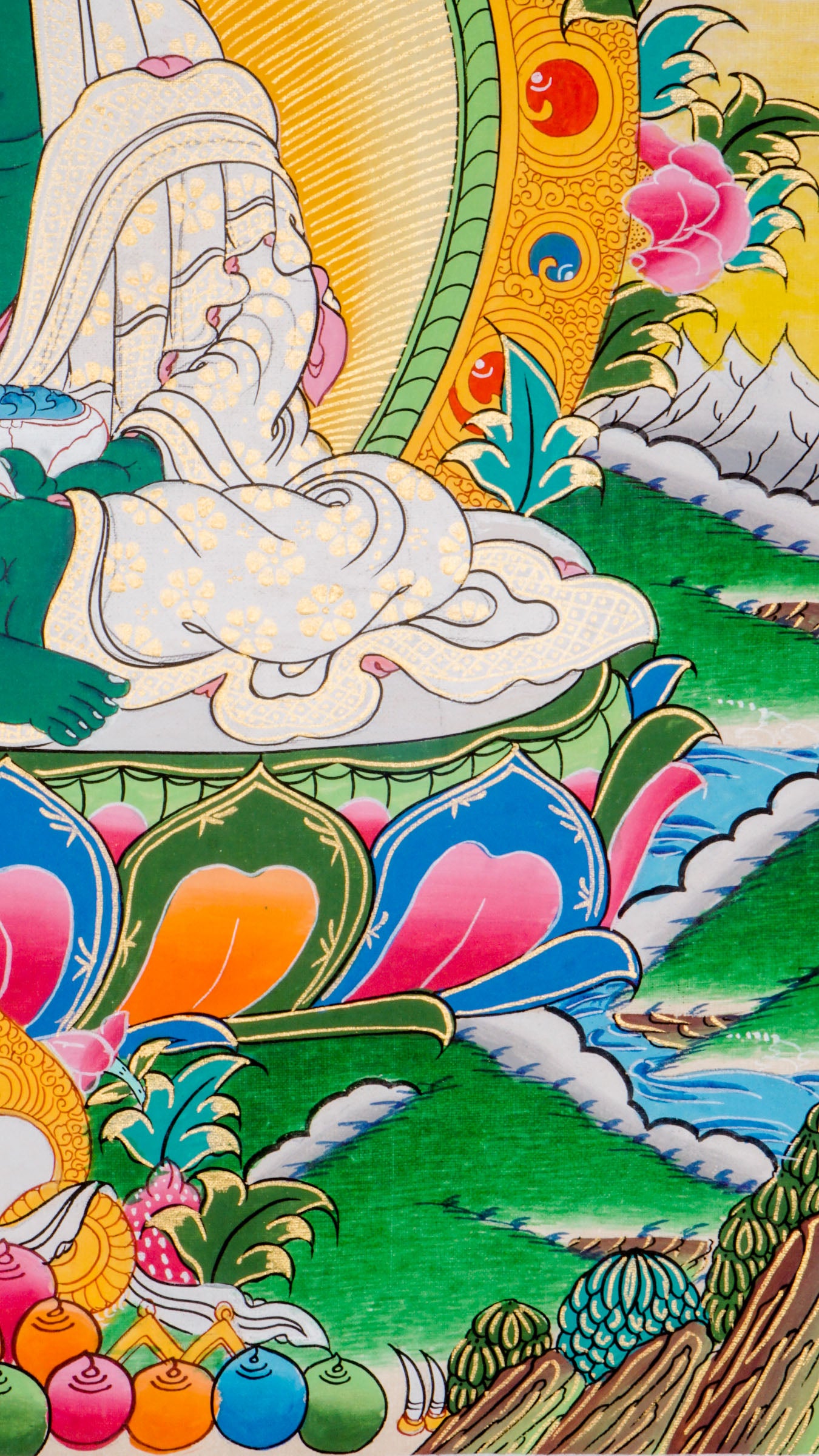 A sacred Thangka Art of Milarepa, one of Tibet’s most honored yogis and spiritual leaders, with listening gestures ability.