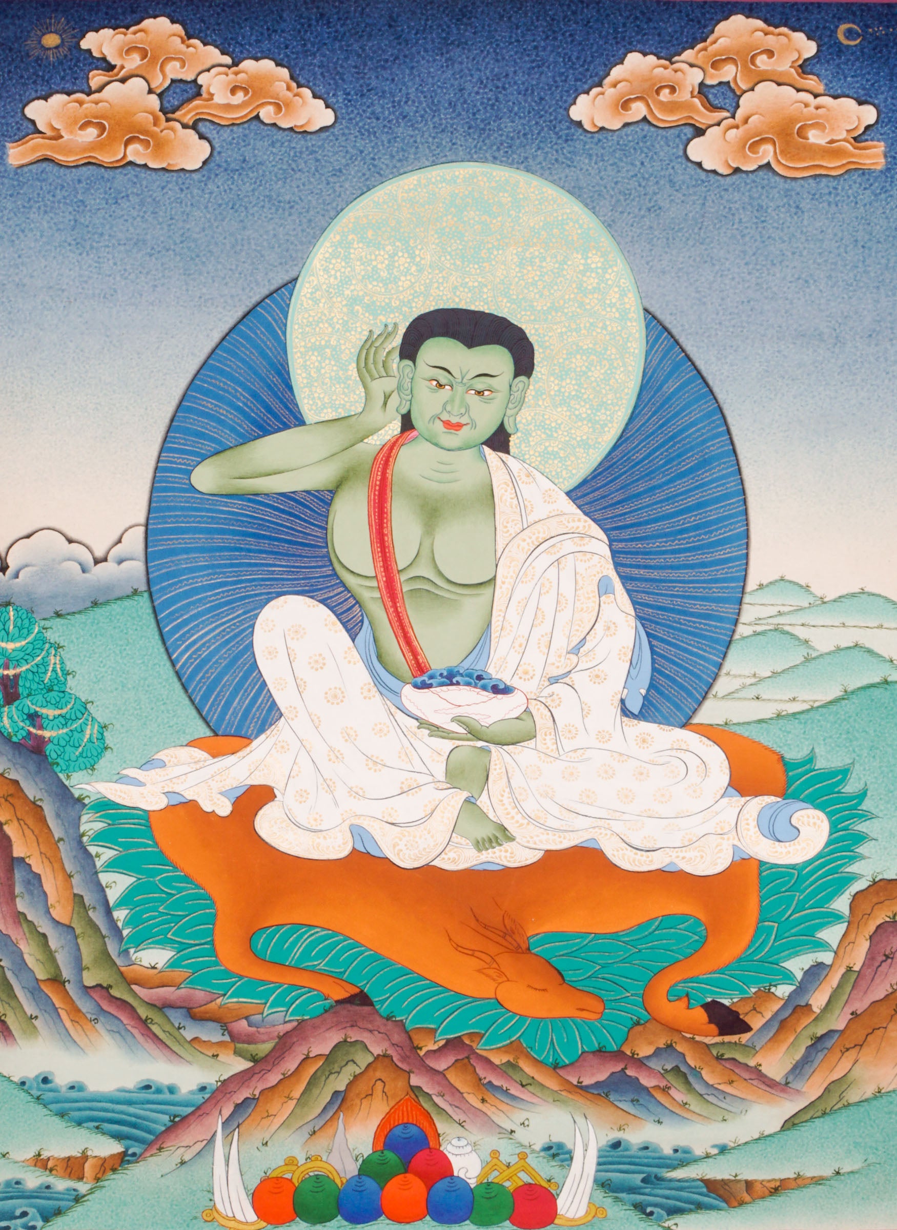 Milarepa Thangka - a sacred hand-painted Tibetan Buddhist artwork depicting the esteemed yogi and spiritual teacher Milarepa.