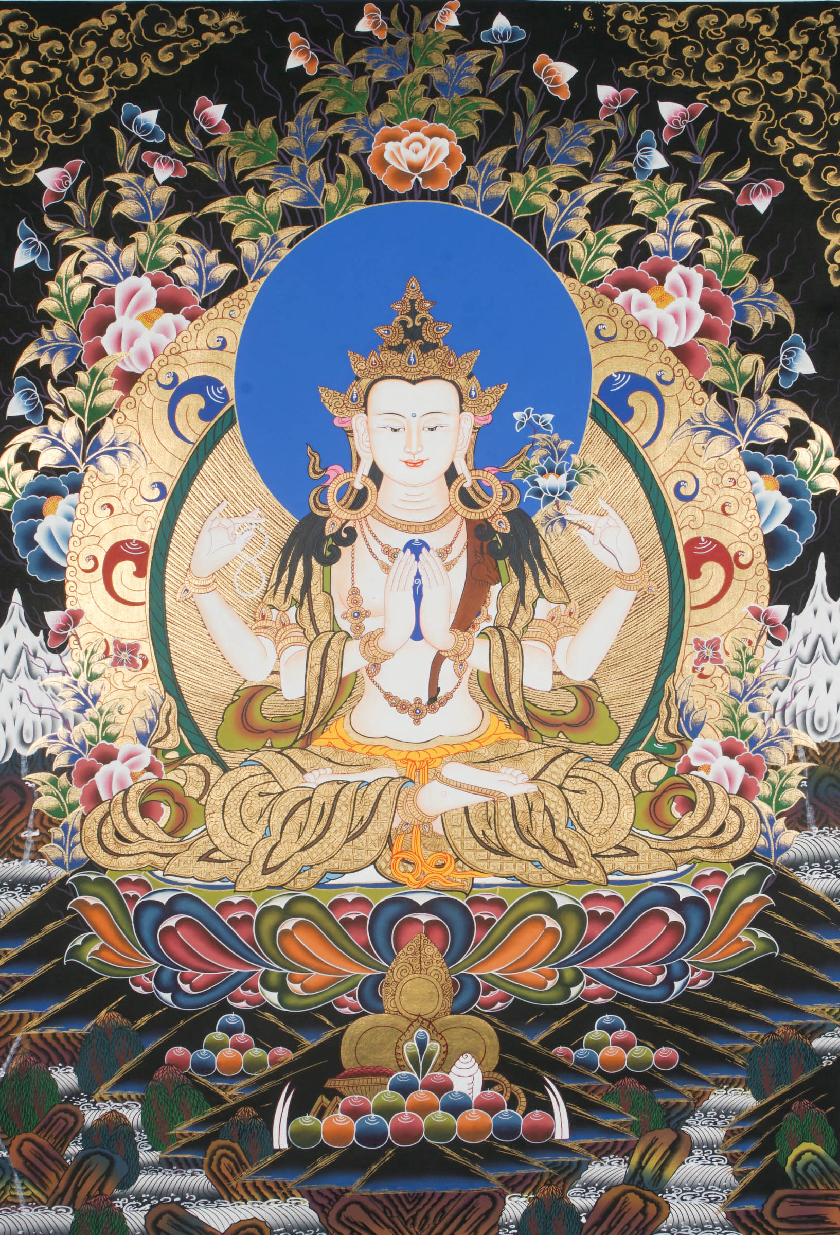 Hand-painted Thangka art portraying Chengresi, Avalokiteshvara in her serene form seated in a Lotus throne, created with 24k gold and natural pigments.