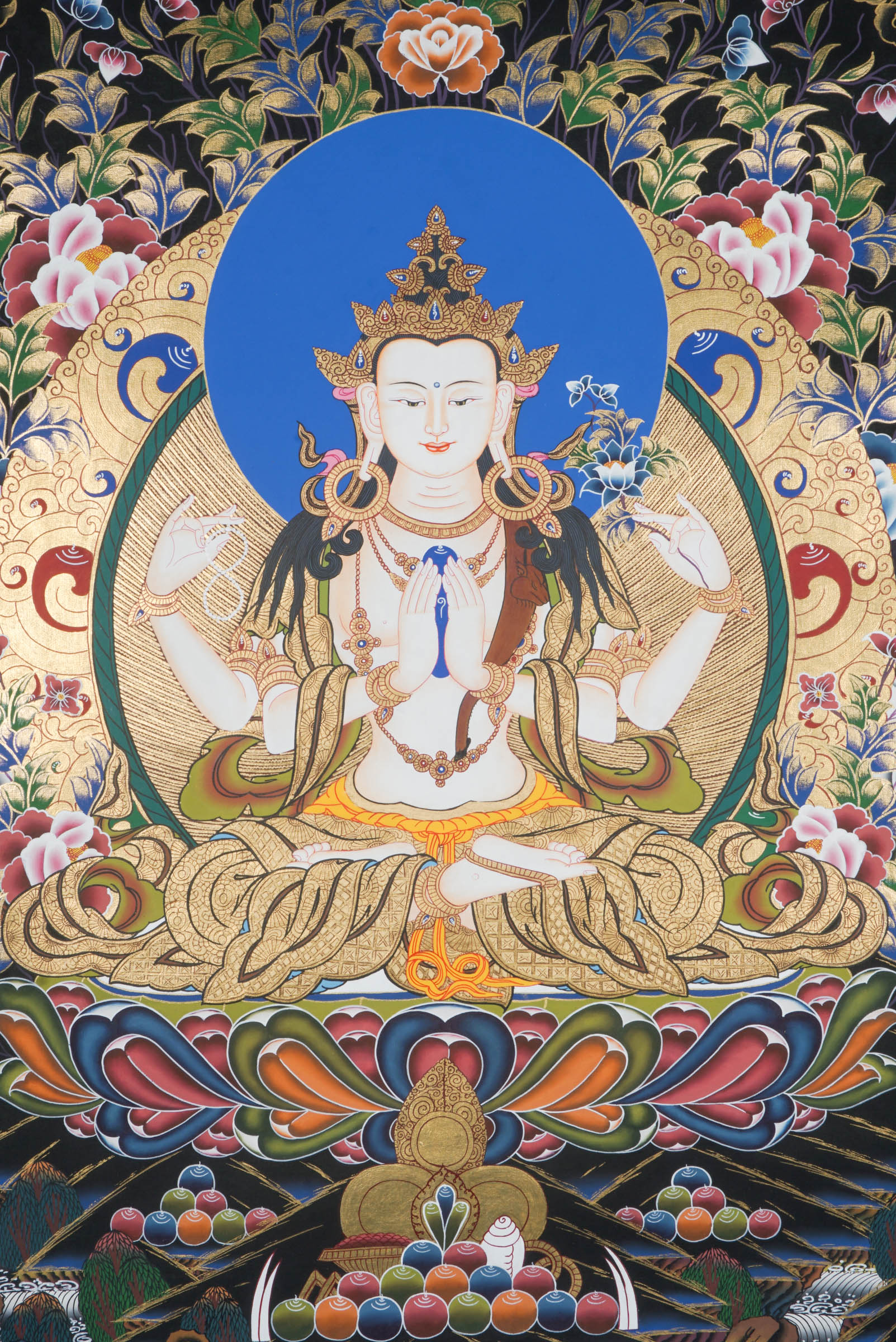 Hand-painted Thangka art portraying Chengresi, Avalokiteshvara in her serene form seated in a Lotus throne, created with 24k gold and natural pigments.