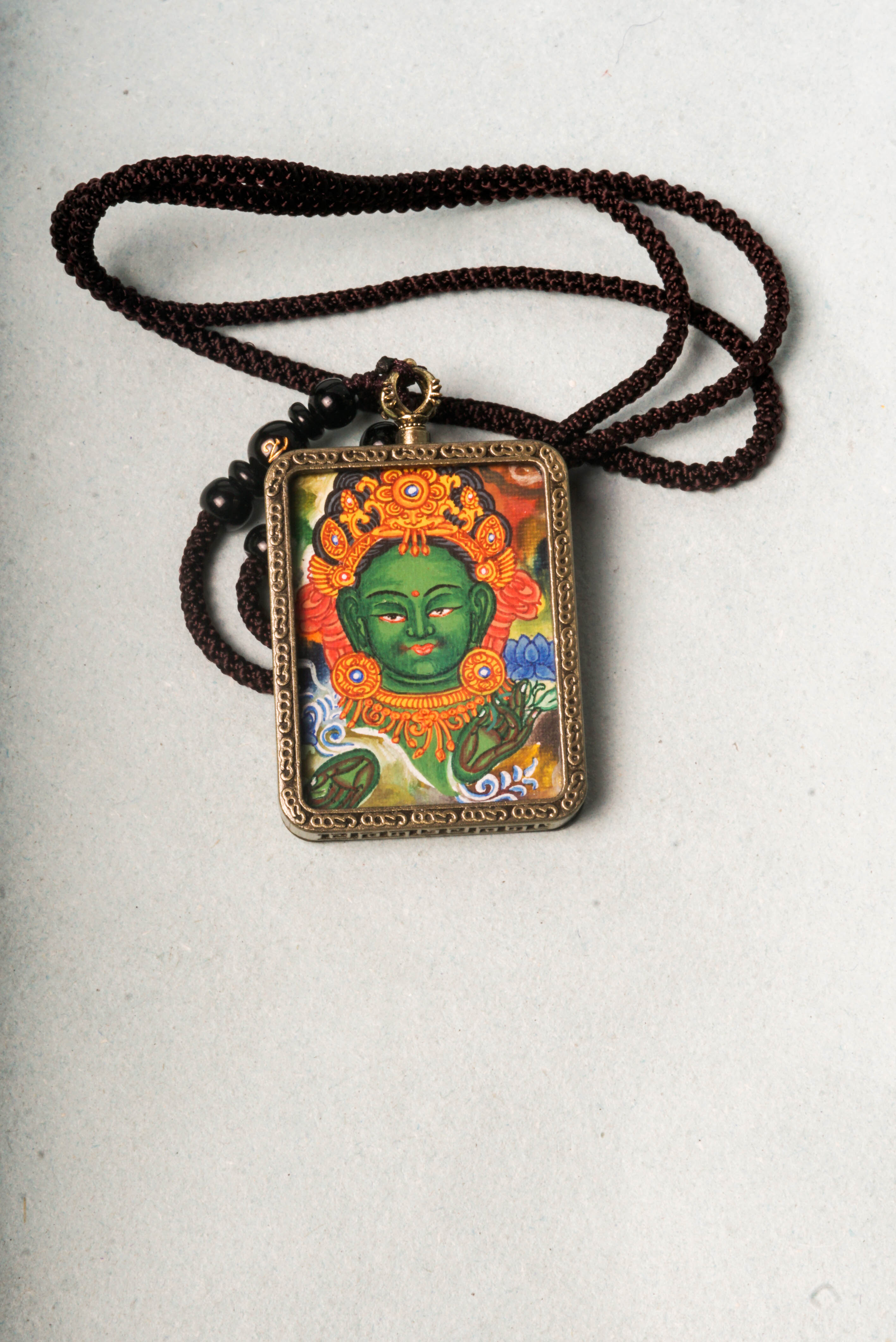 Locket Amulet Green Tara Thangka art for protection. Hand painted Green Tara Locket.