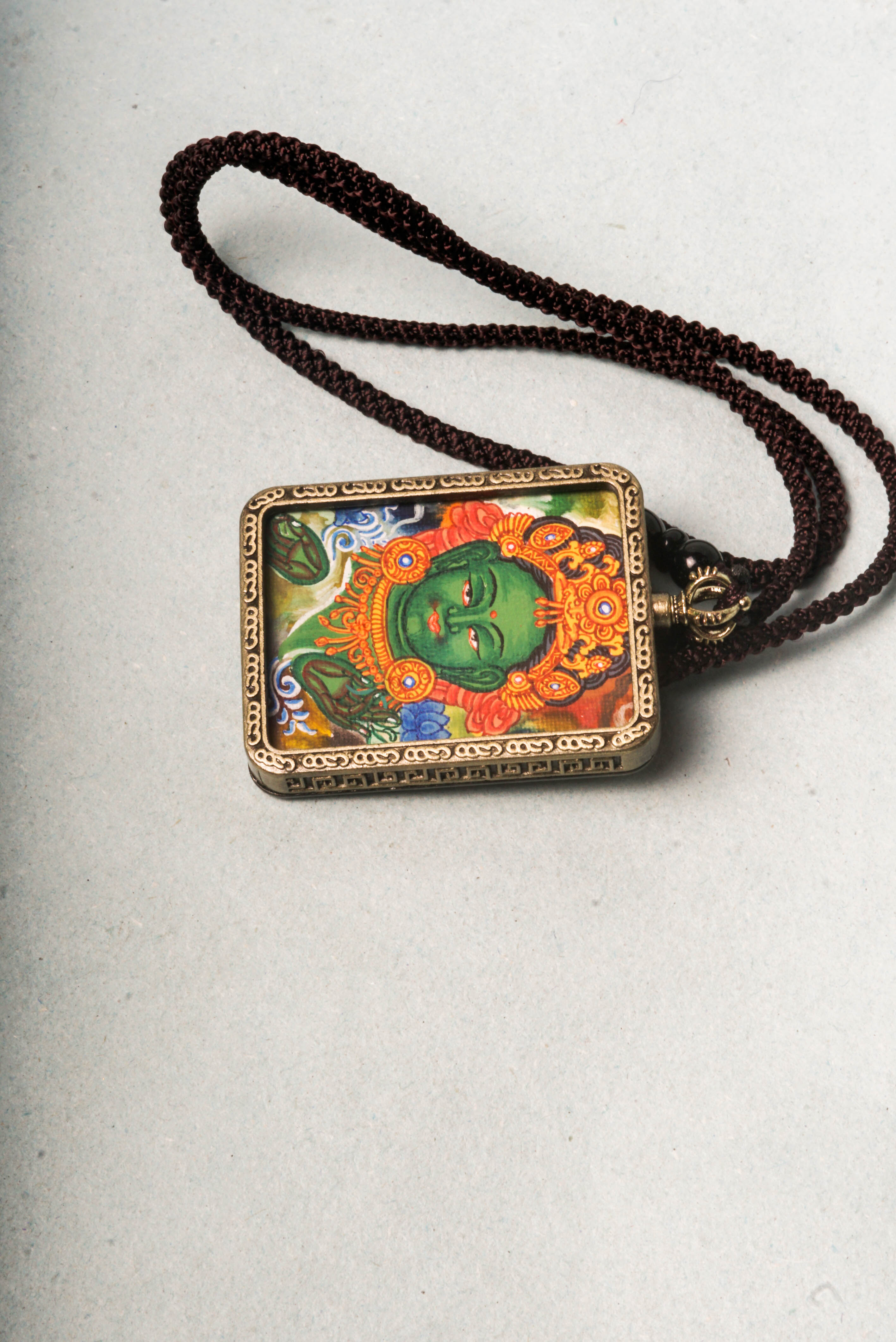 Locket Amulet Green Tara Thangka art for protection. Hand painted Green Tara Locket.