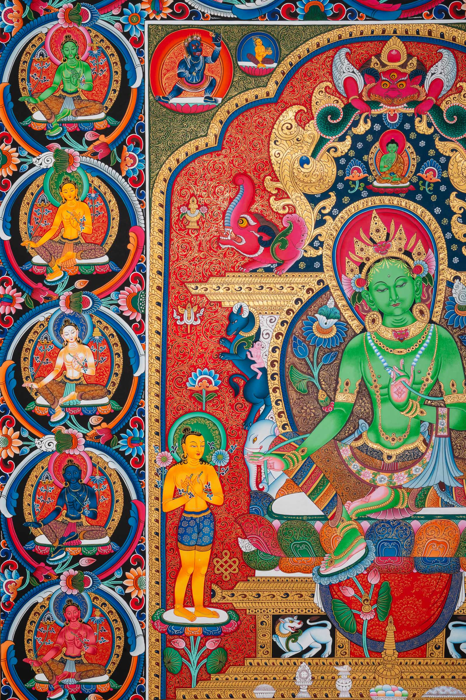 Exclusive Newari Paubha 21 Tara Thangka featuring central Tara, two disciples, and many smaller Green Taras. A traditional Buddhist art piece hand-painted in Nepal.
