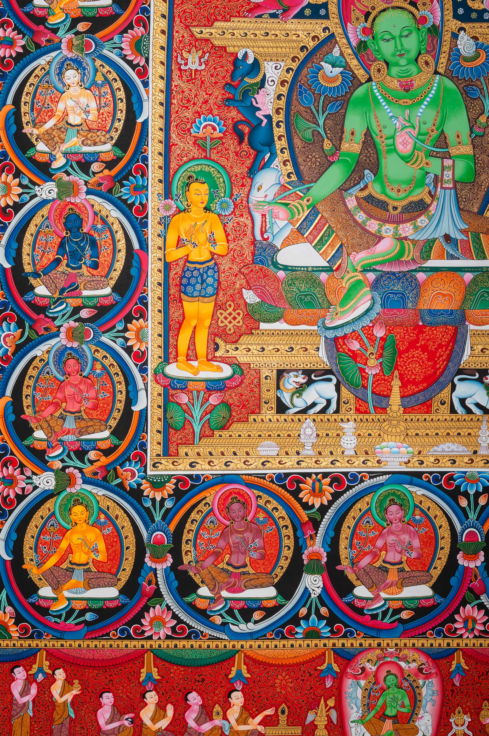 Exclusive Newari Paubha 21 Tara Thangka featuring central Tara, two disciples, and many smaller Green Taras. A traditional Buddhist art piece hand-painted in Nepal.