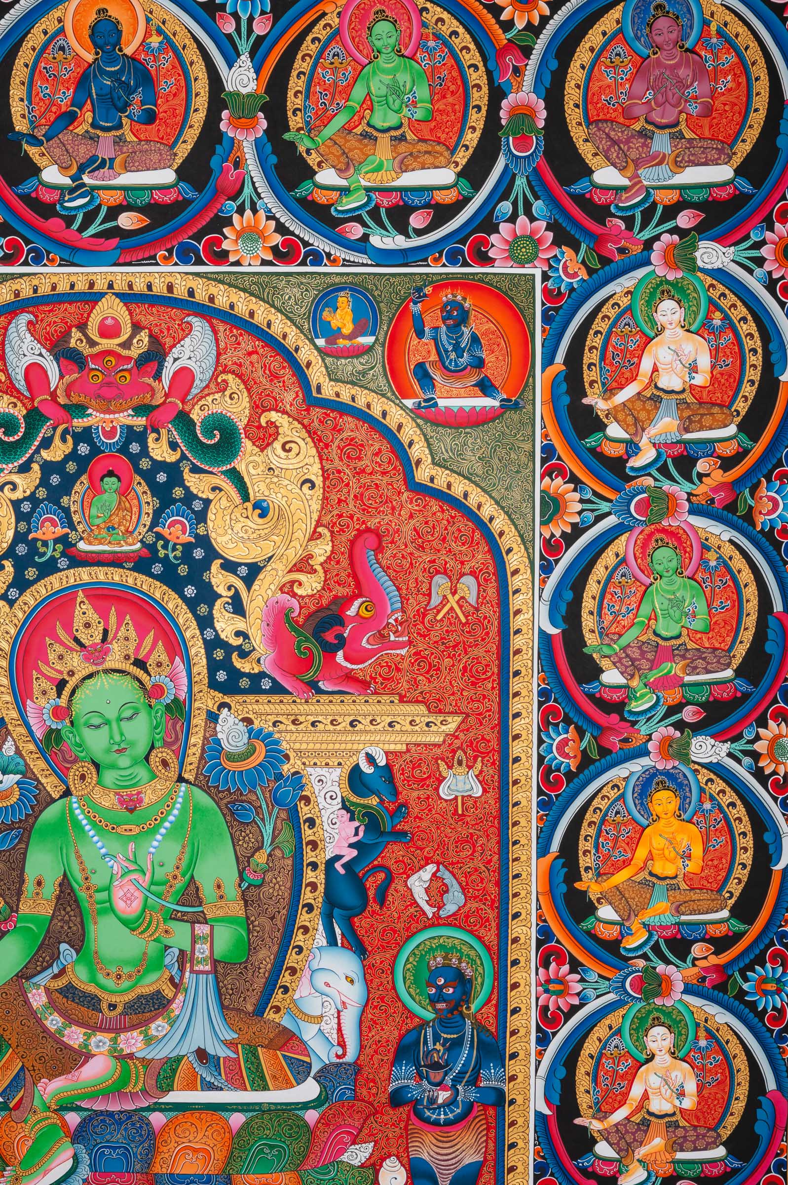 Exclusive Newari Paubha 21 Tara Thangka featuring central Tara, two disciples, and many smaller Green Taras. A traditional Buddhist art piece hand-painted in Nepal.