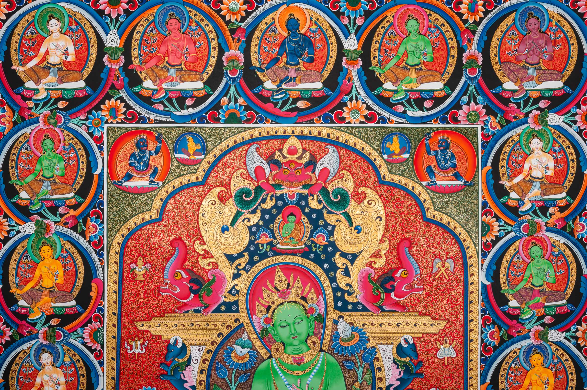 Exclusive Newari Paubha 21 Tara Thangka featuring central Tara, two disciples, and many smaller Green Taras. A traditional Buddhist art piece hand-painted in Nepal.