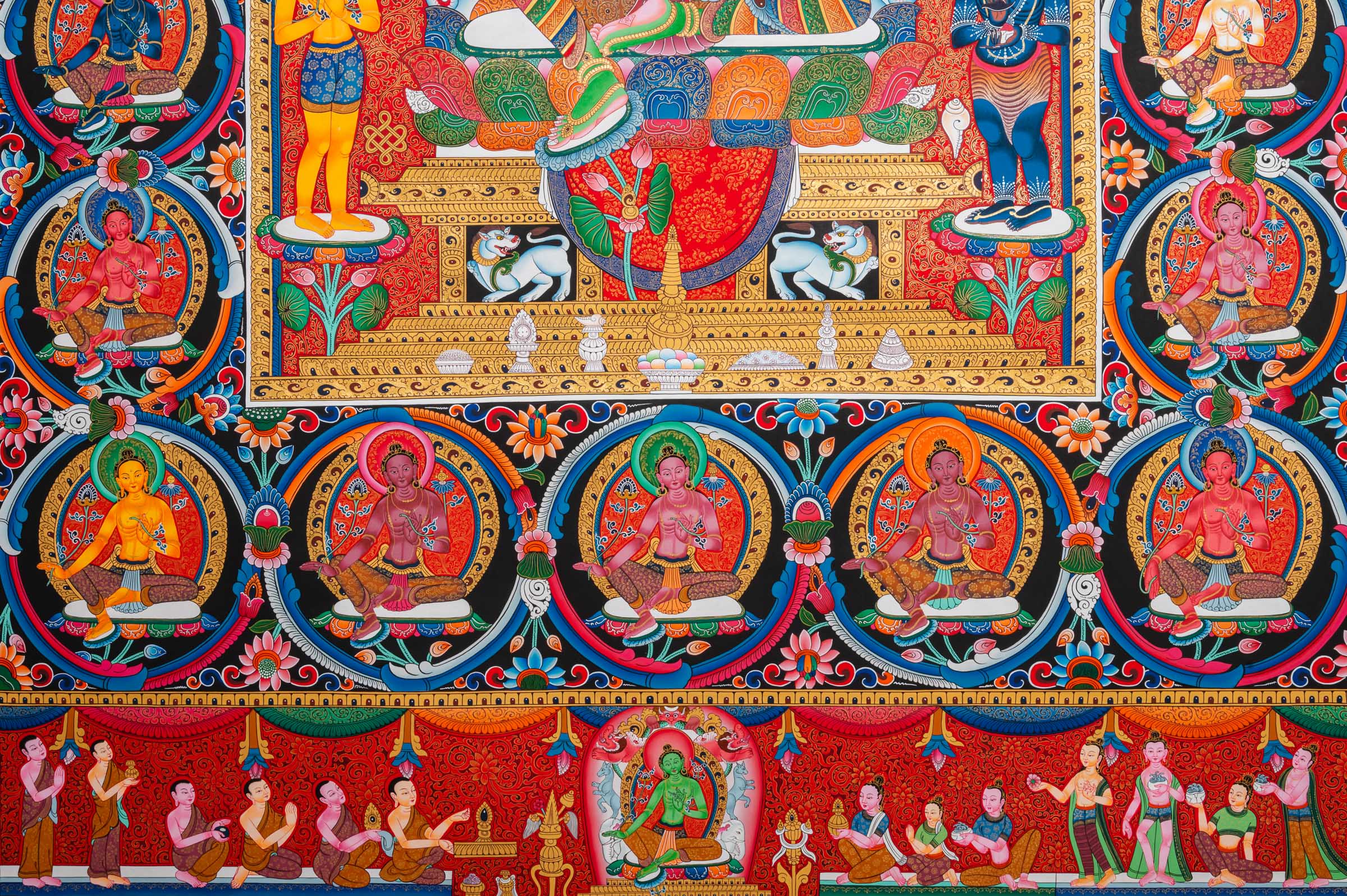 Exclusive Newari Paubha 21 Tara Thangka featuring central Tara, two disciples, and many smaller Green Taras. A traditional Buddhist art piece hand-painted in Nepal.