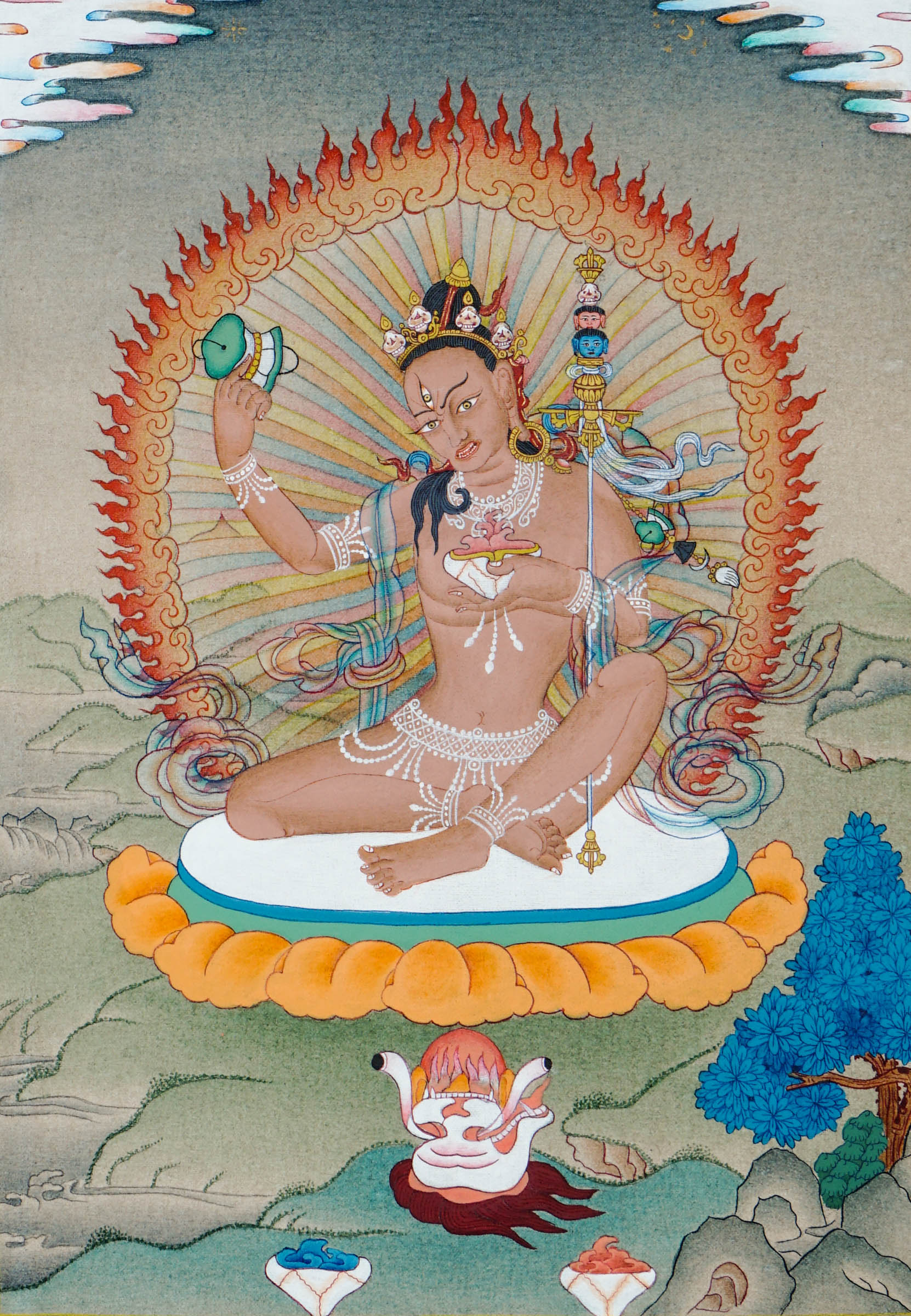 Hand painted thangka of Jetsun Niguma seated on a lotus cushion, surrounded by flames of wisdom, holding a skull cup and staff, adorned with bone ornaments and jewelry, set against a peaceful landscape background.