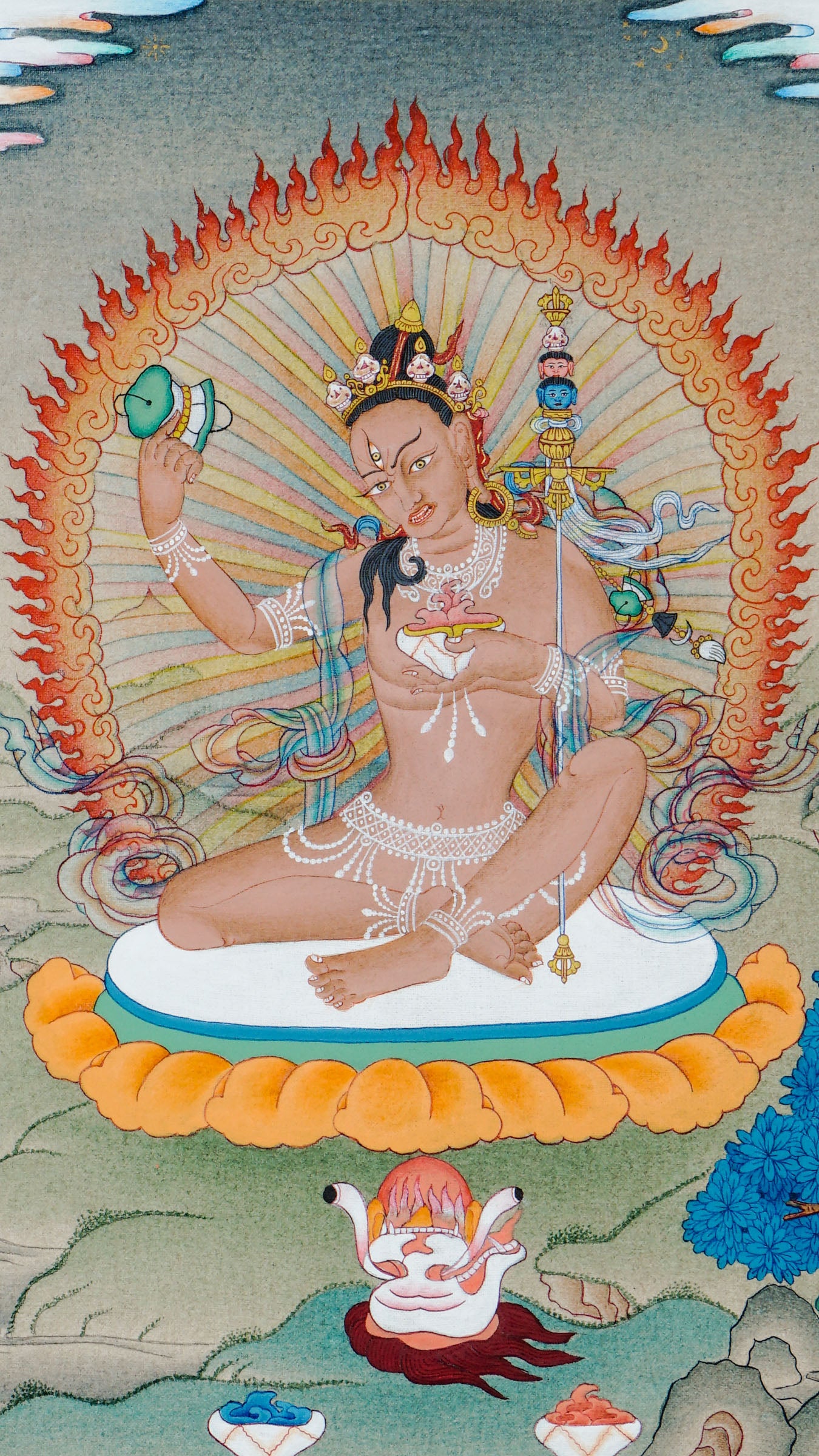 Hand painted thangka of Jetsun Niguma seated on a lotus cushion, surrounded by flames of wisdom, holding a skull cup and staff, adorned with bone ornaments and jewelry, set against a peaceful landscape background.