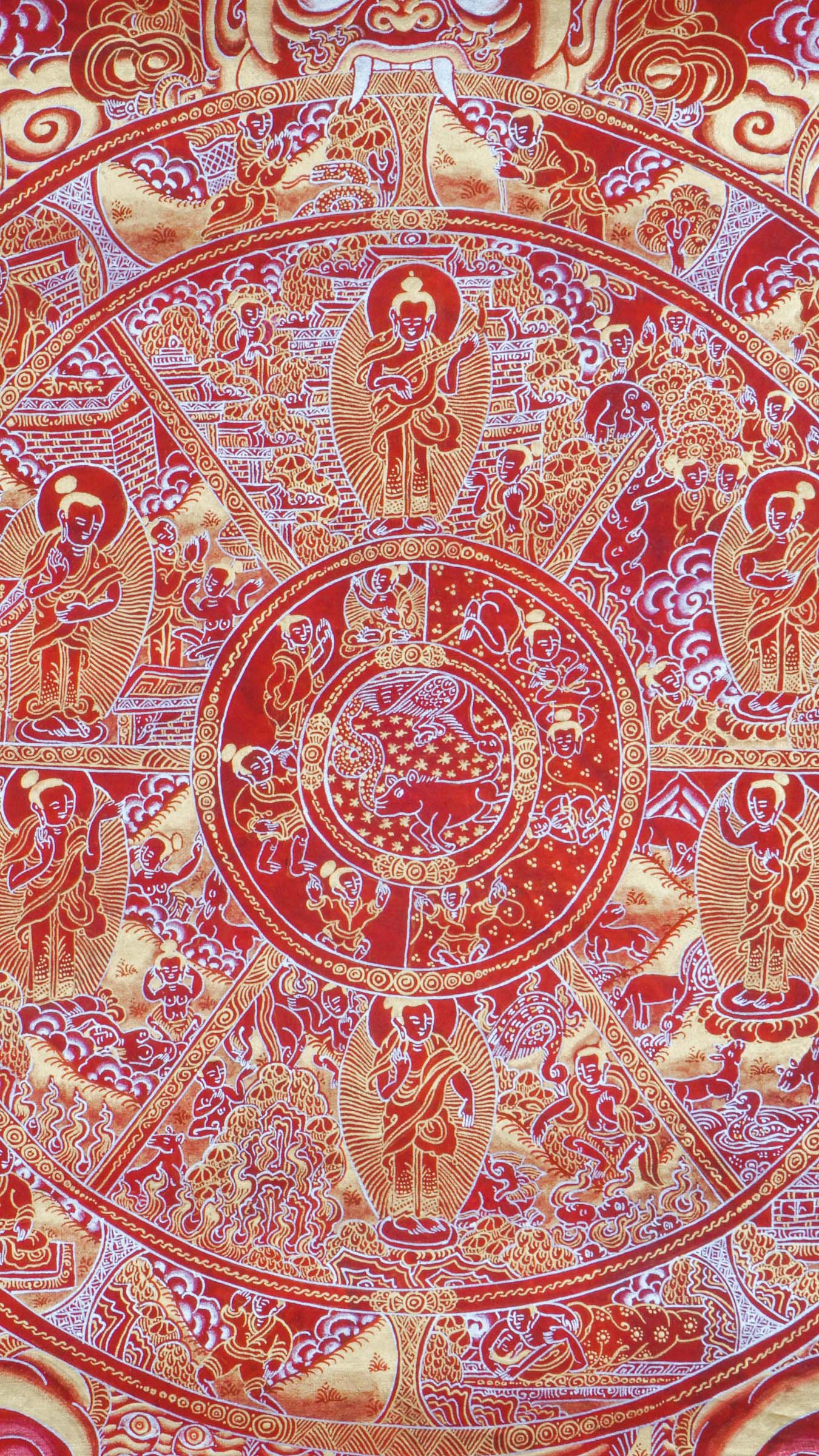 Red, gold and silver Art of Wheel of life Thangka painting