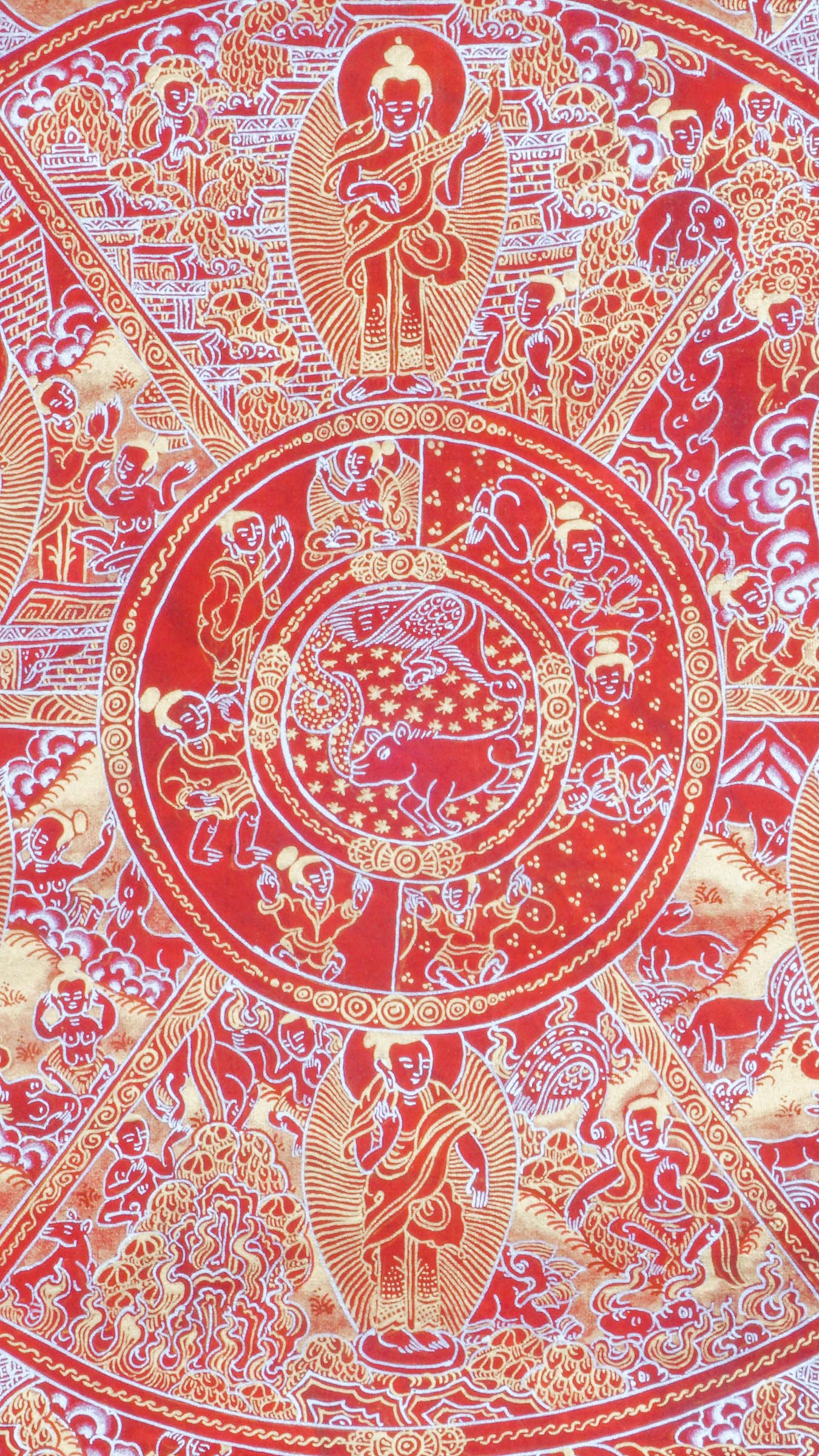 Red, gold and silver Art of Wheel of life Thangka painting